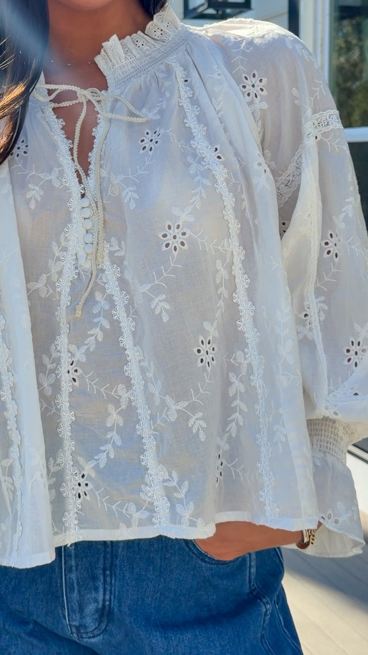 womens long sleeve white blouse lace eyelet detail trim shirt