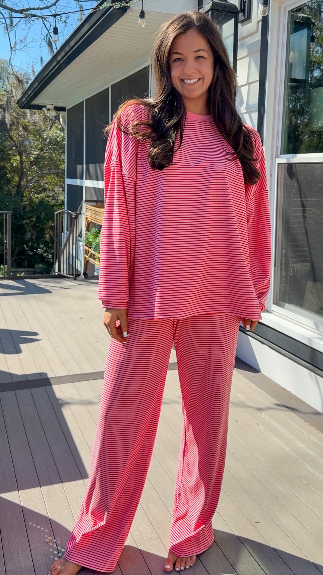 red and pink stripe lounge set soft long sleeve and pants