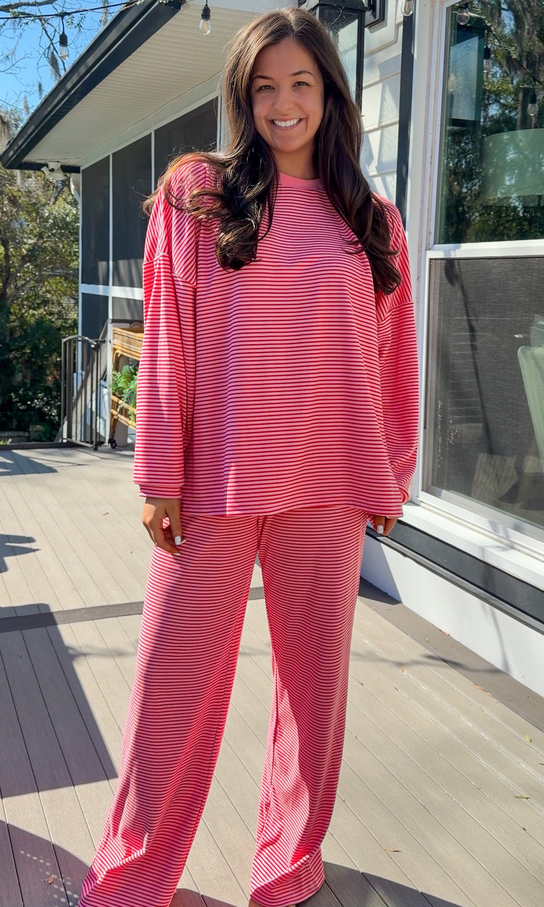 red and pink stripe lounge set soft long sleeve and pants