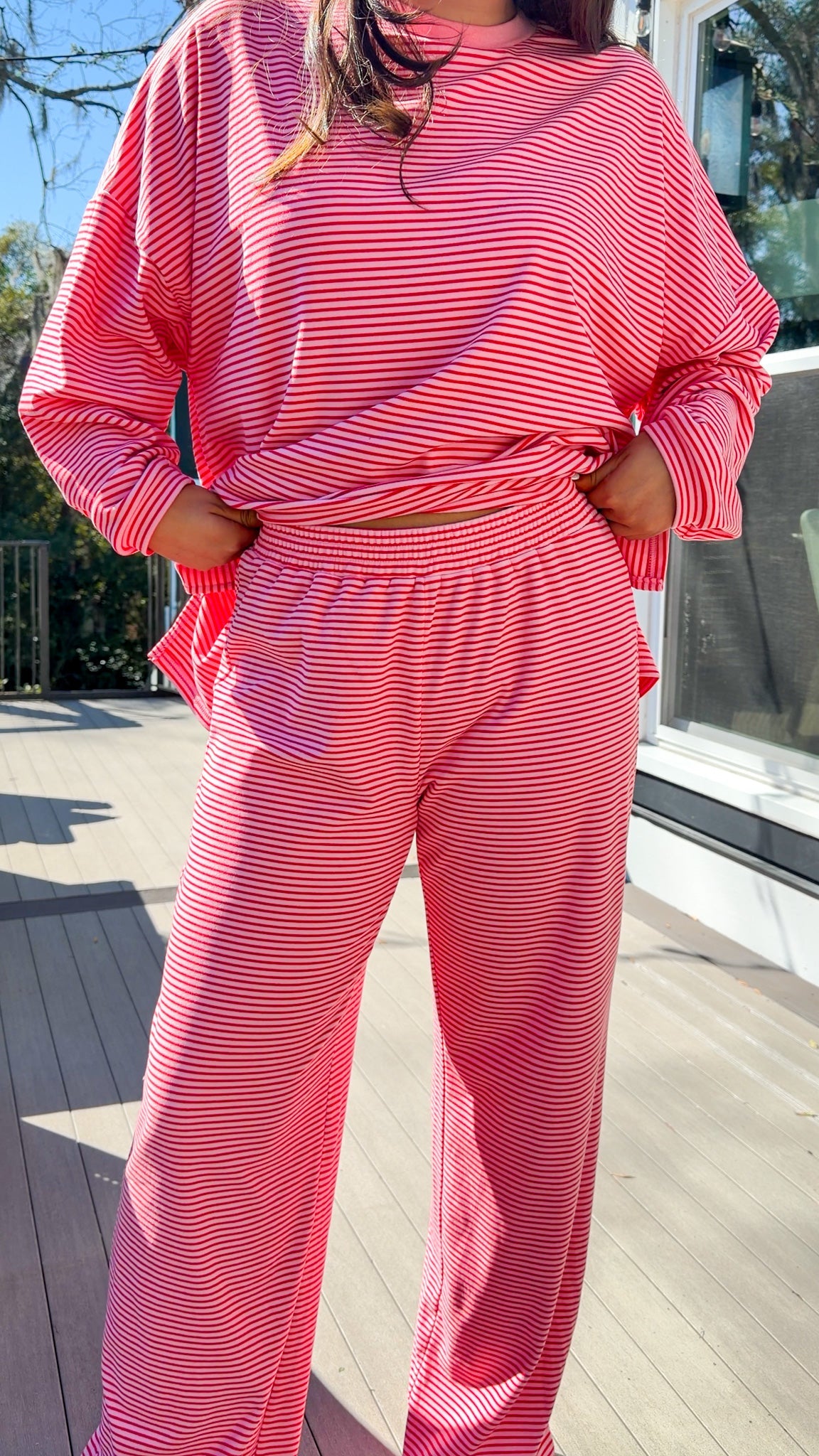 red and pink stripe lounge set soft long sleeve and pants