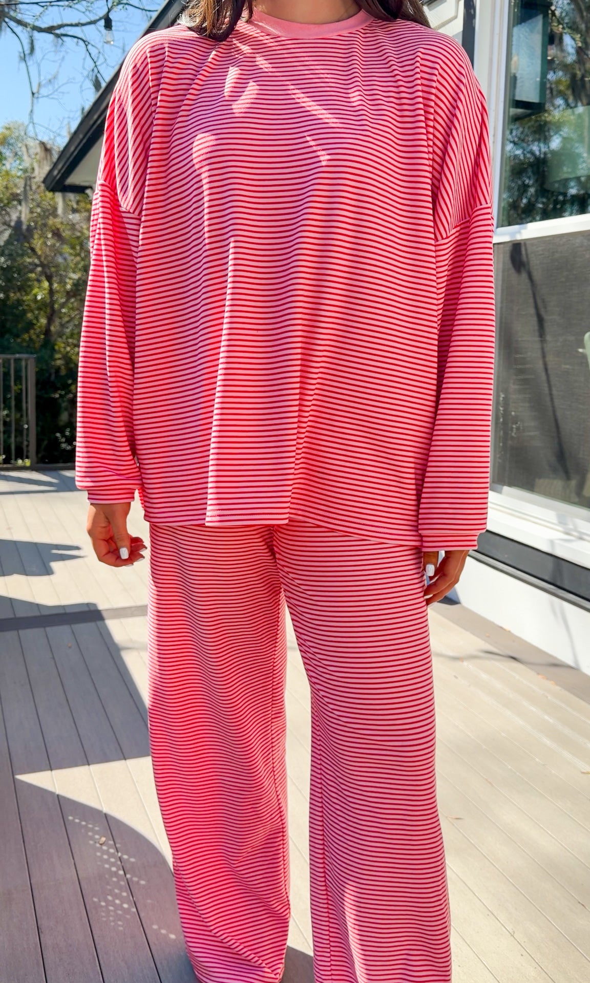 red and pink stripe lounge set soft long sleeve and pants