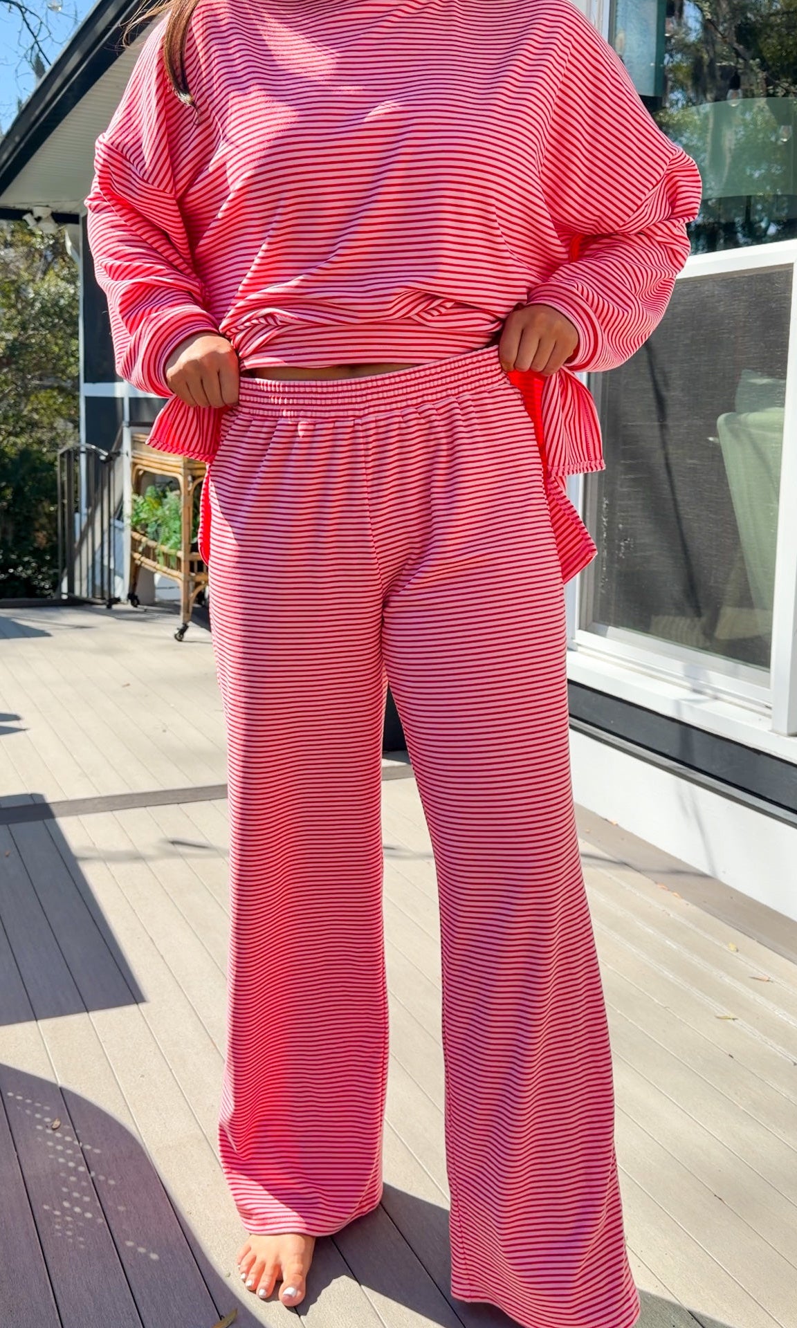 red and pink stripe lounge set soft long sleeve and pants