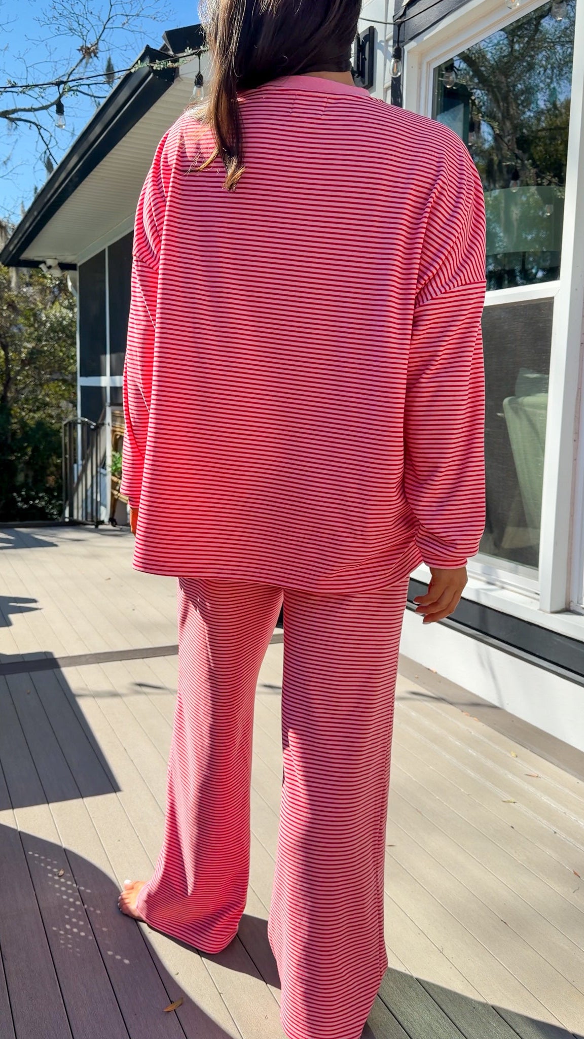 red and pink stripe lounge set soft long sleeve and pants