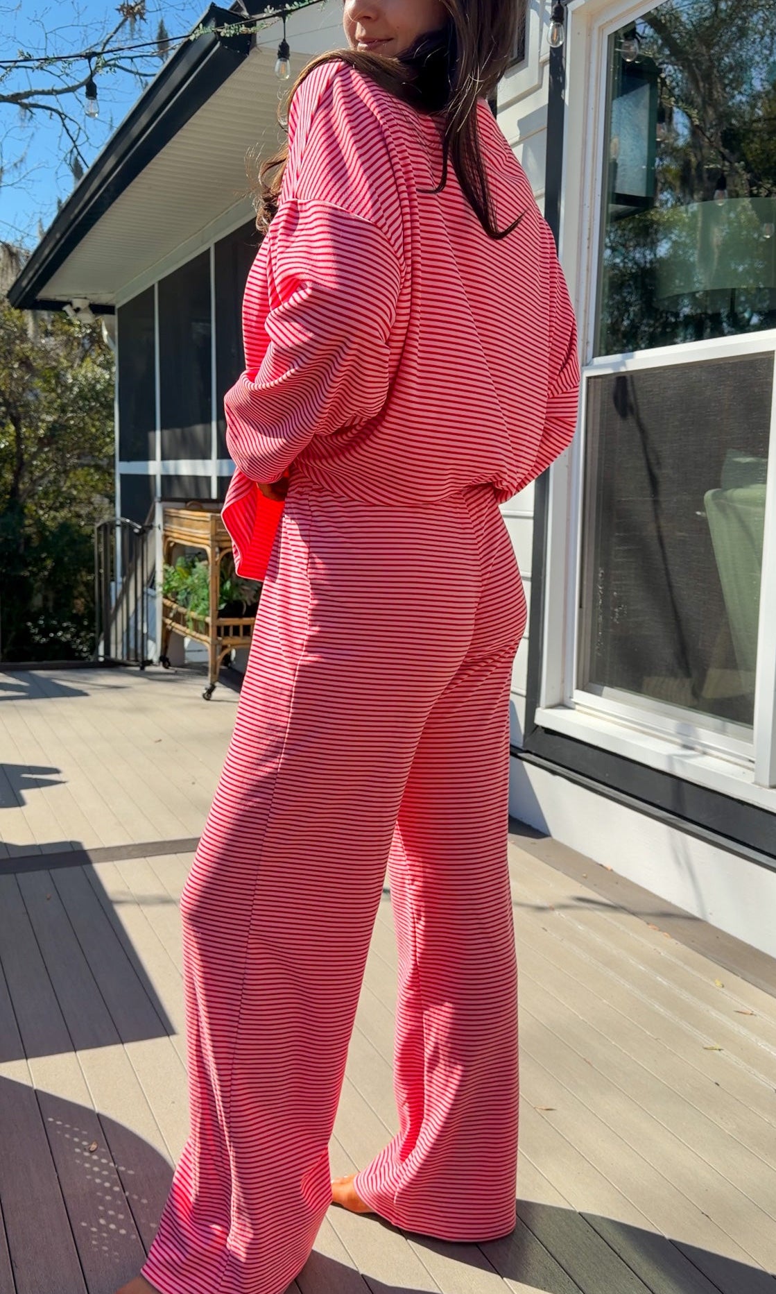 red and pink stripe lounge set soft long sleeve and pants