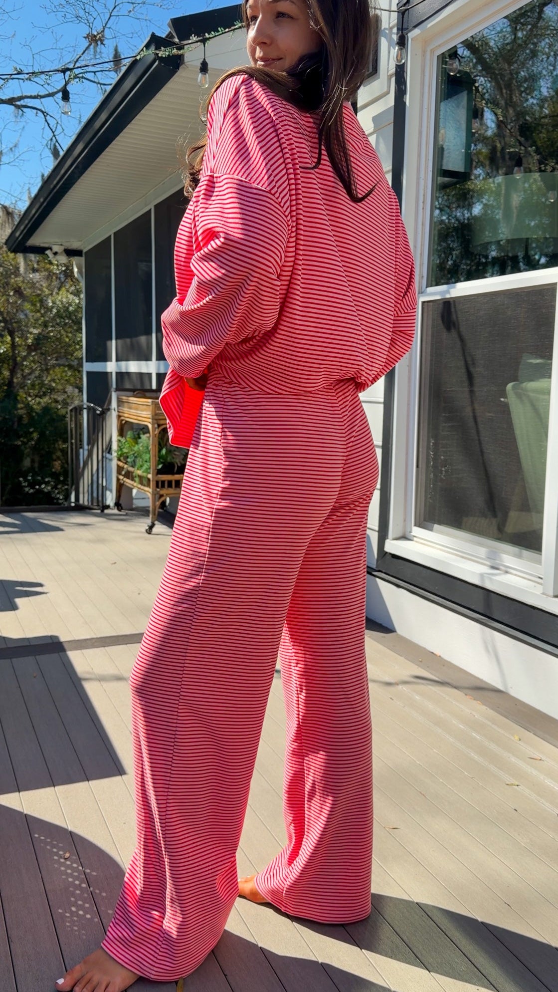 red and pink stripe lounge set soft long sleeve and pants