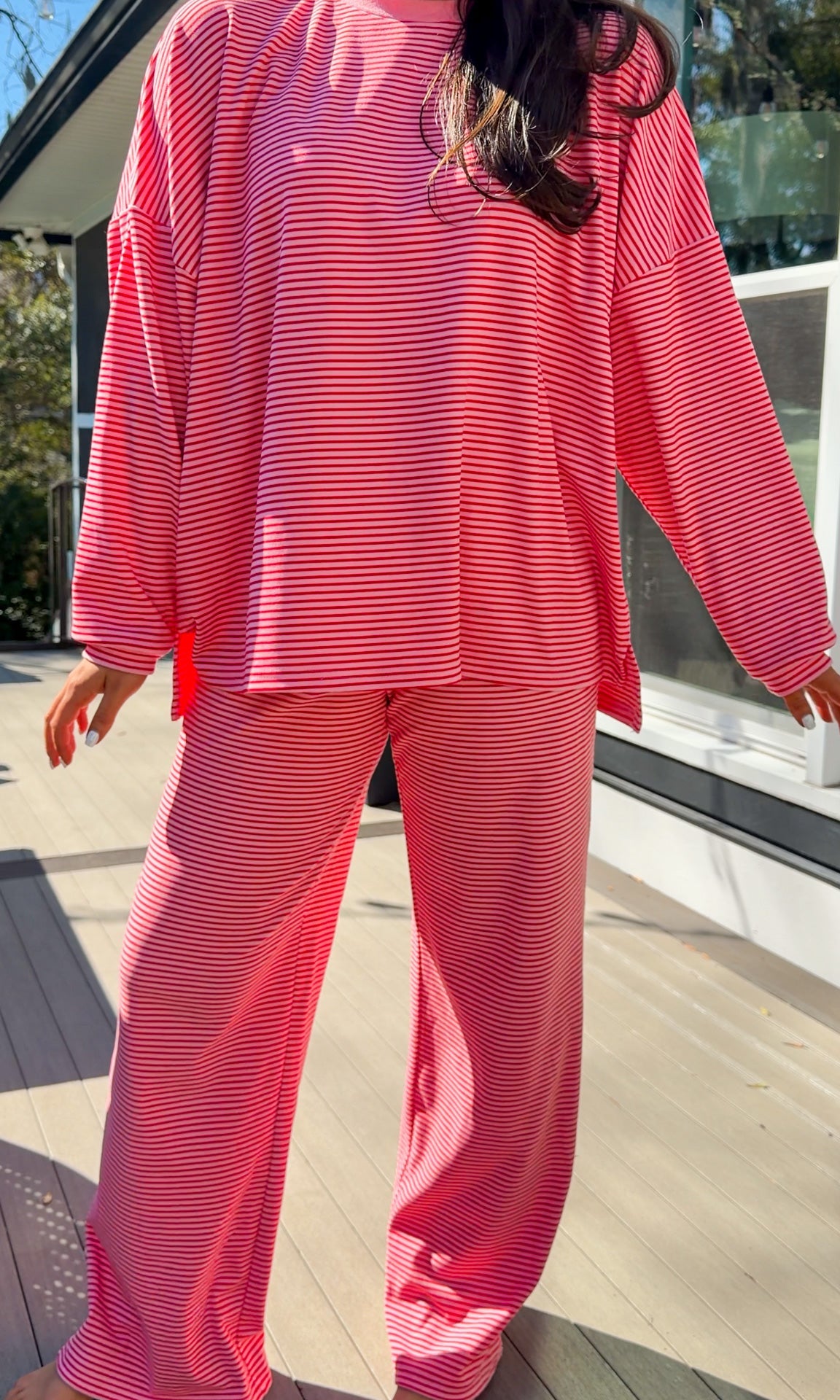 red and pink stripe lounge set soft long sleeve and pants