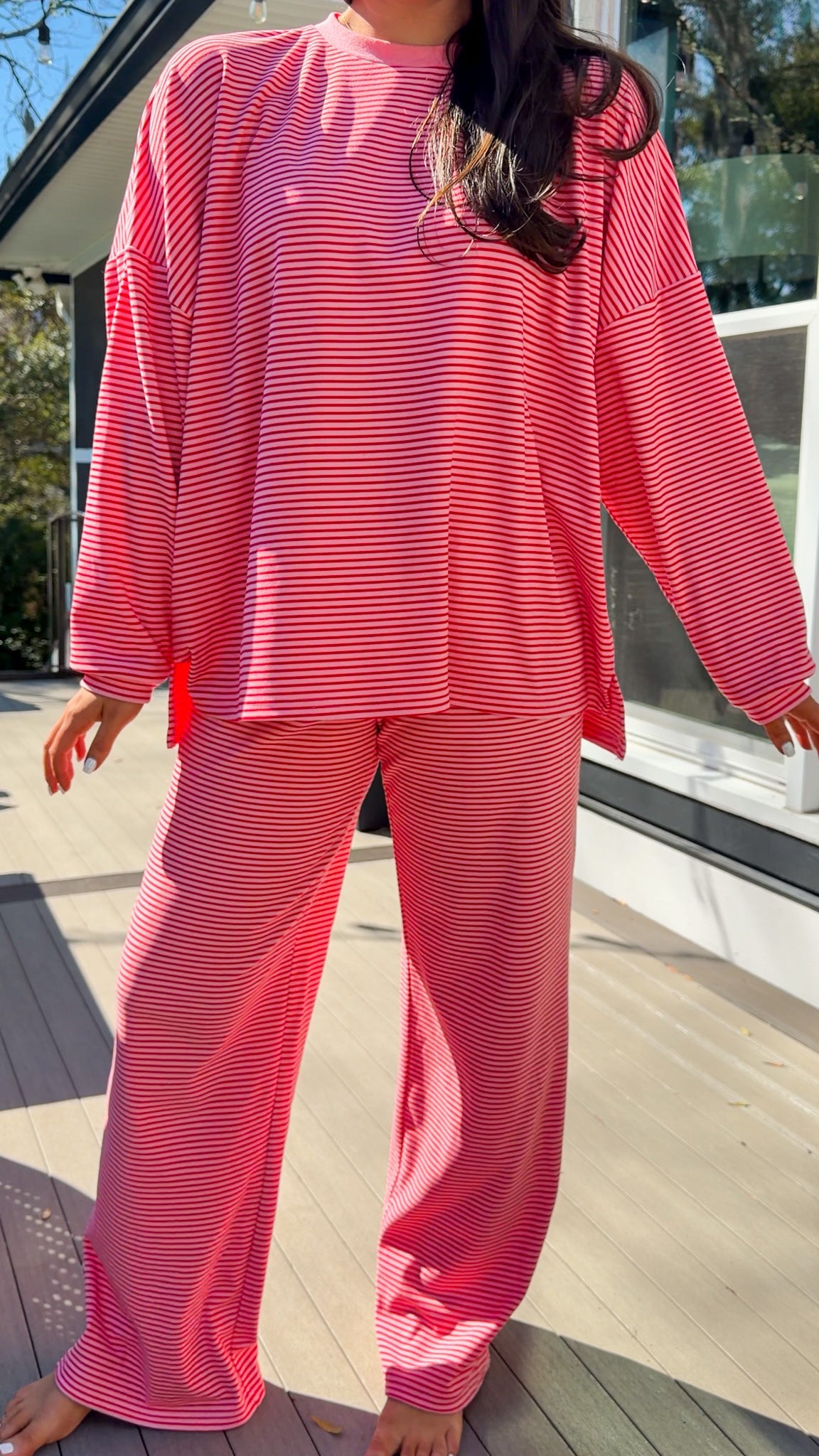 red and pink stripe lounge set soft long sleeve and pants