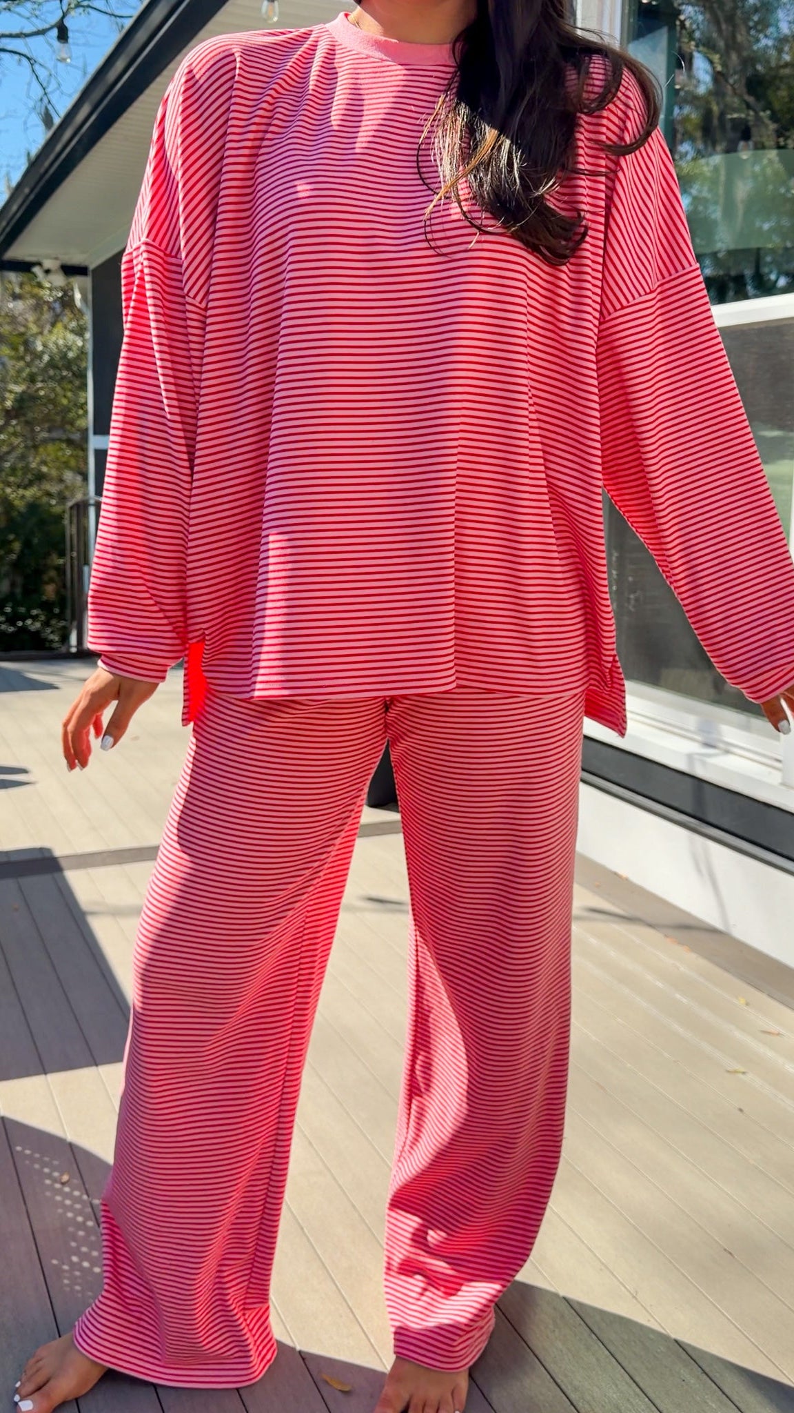 red and pink stripe lounge set soft long sleeve and pants