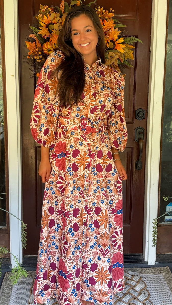Magnolia Floral Collared Button-Down Maxi Dress with Belted Waist & Lo –  Annie Finch Boutique