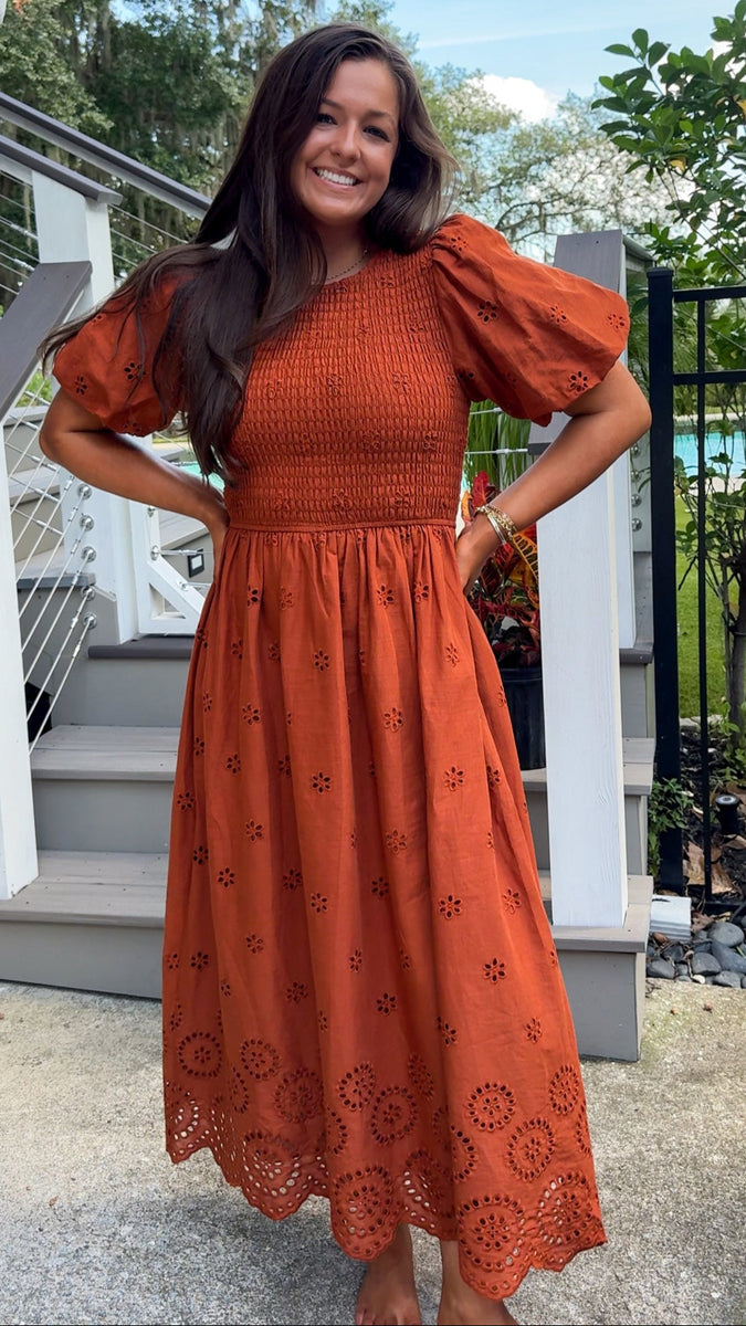 Autumn Smocked Bodice Eyelet Midi Dress with Puff Sleeves