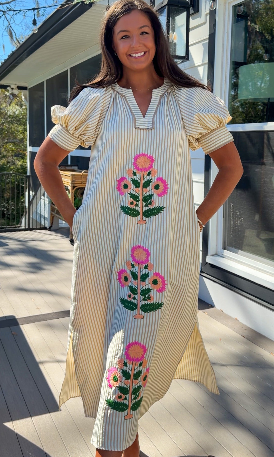 oatmeal striped midi dress with pink floral embroidery and puff sleeves