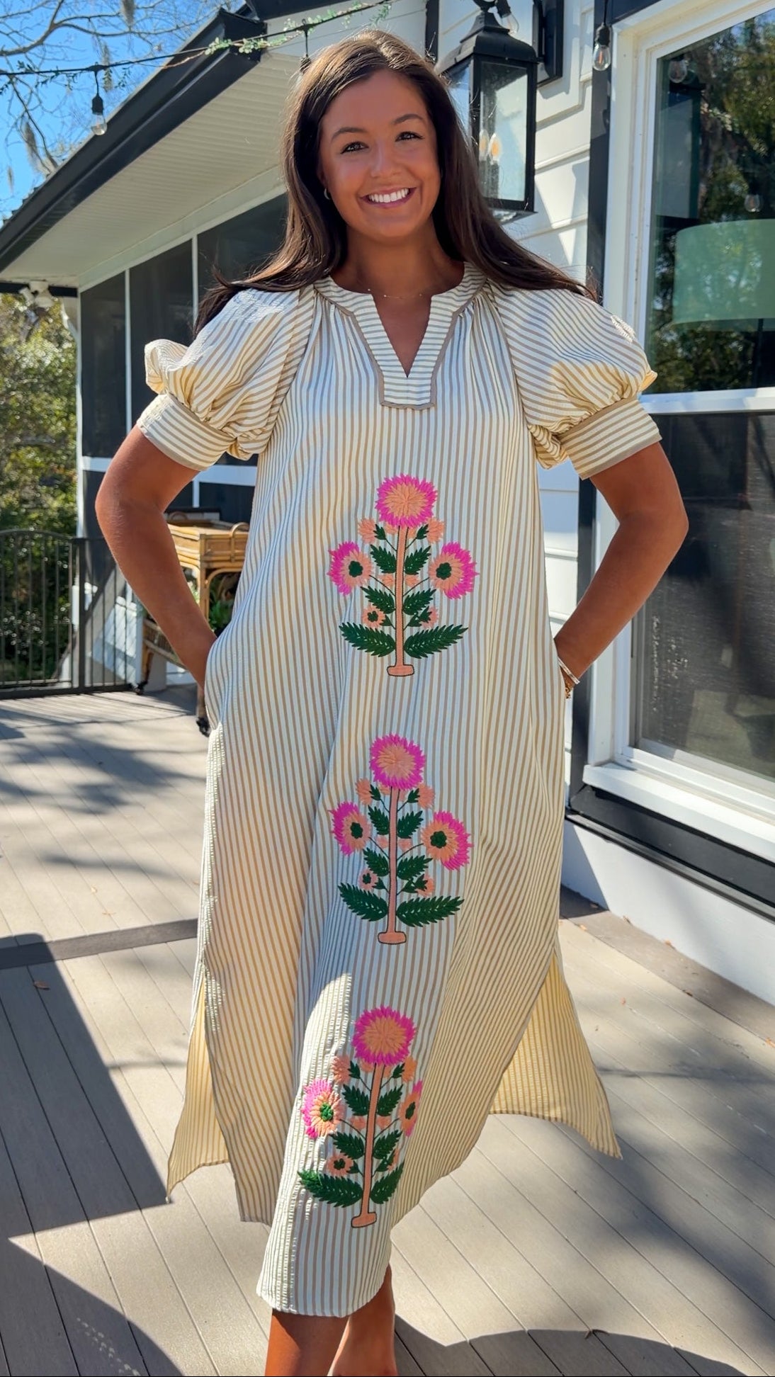 oatmeal striped midi dress with pink floral embroidery and puff sleeves