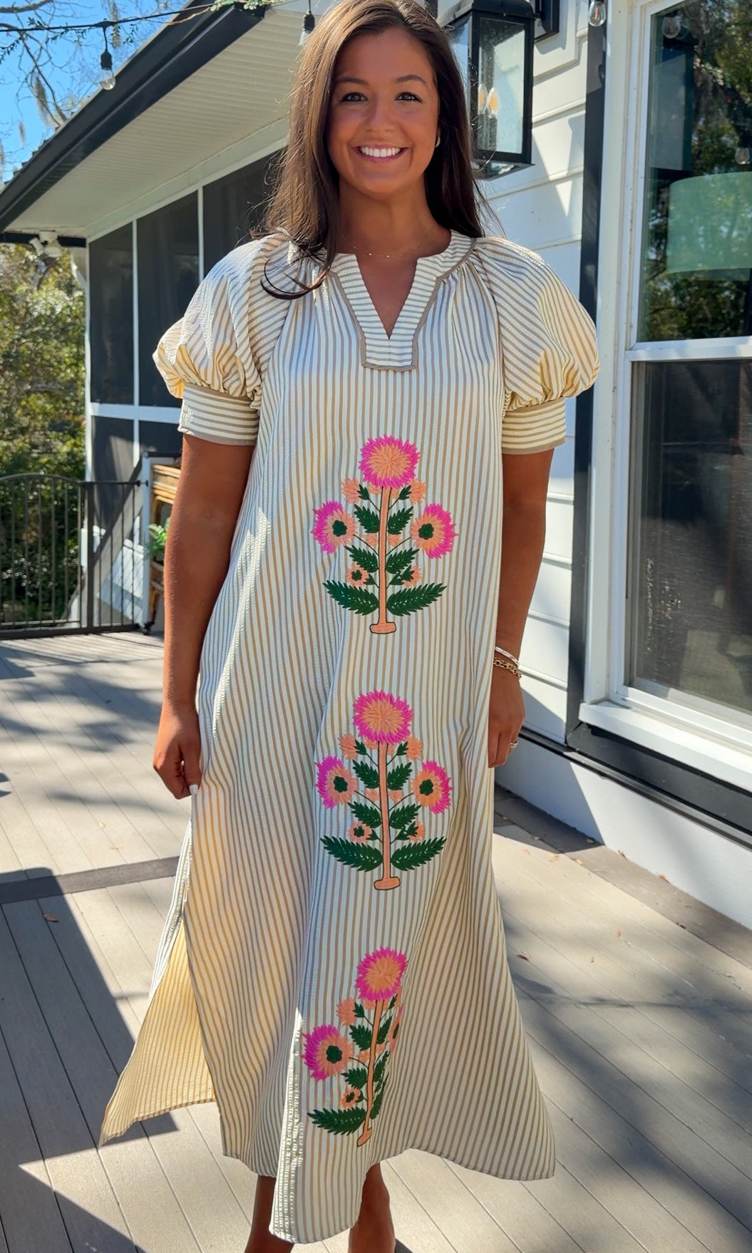 oatmeal striped midi dress with pink floral embroidery and puff sleeves
