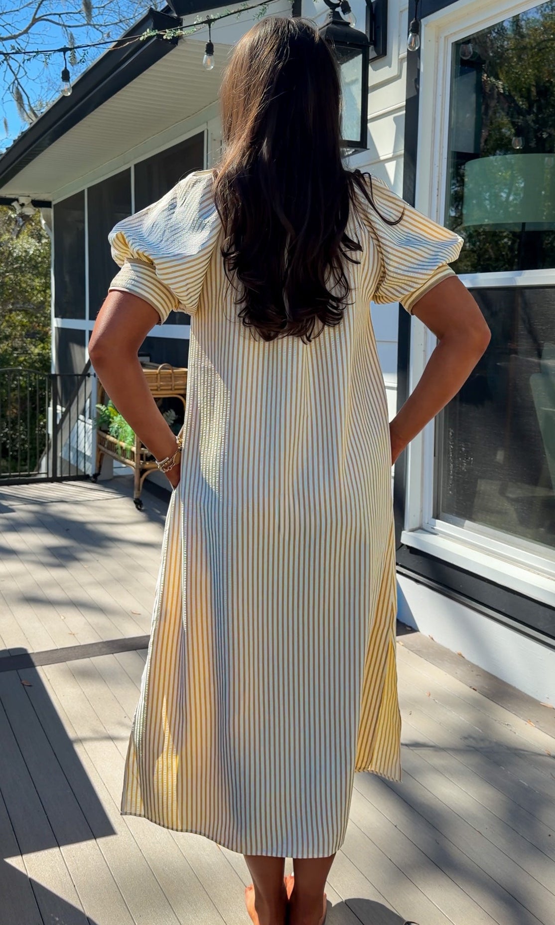 oatmeal striped midi dress with pink floral embroidery and puff sleeves