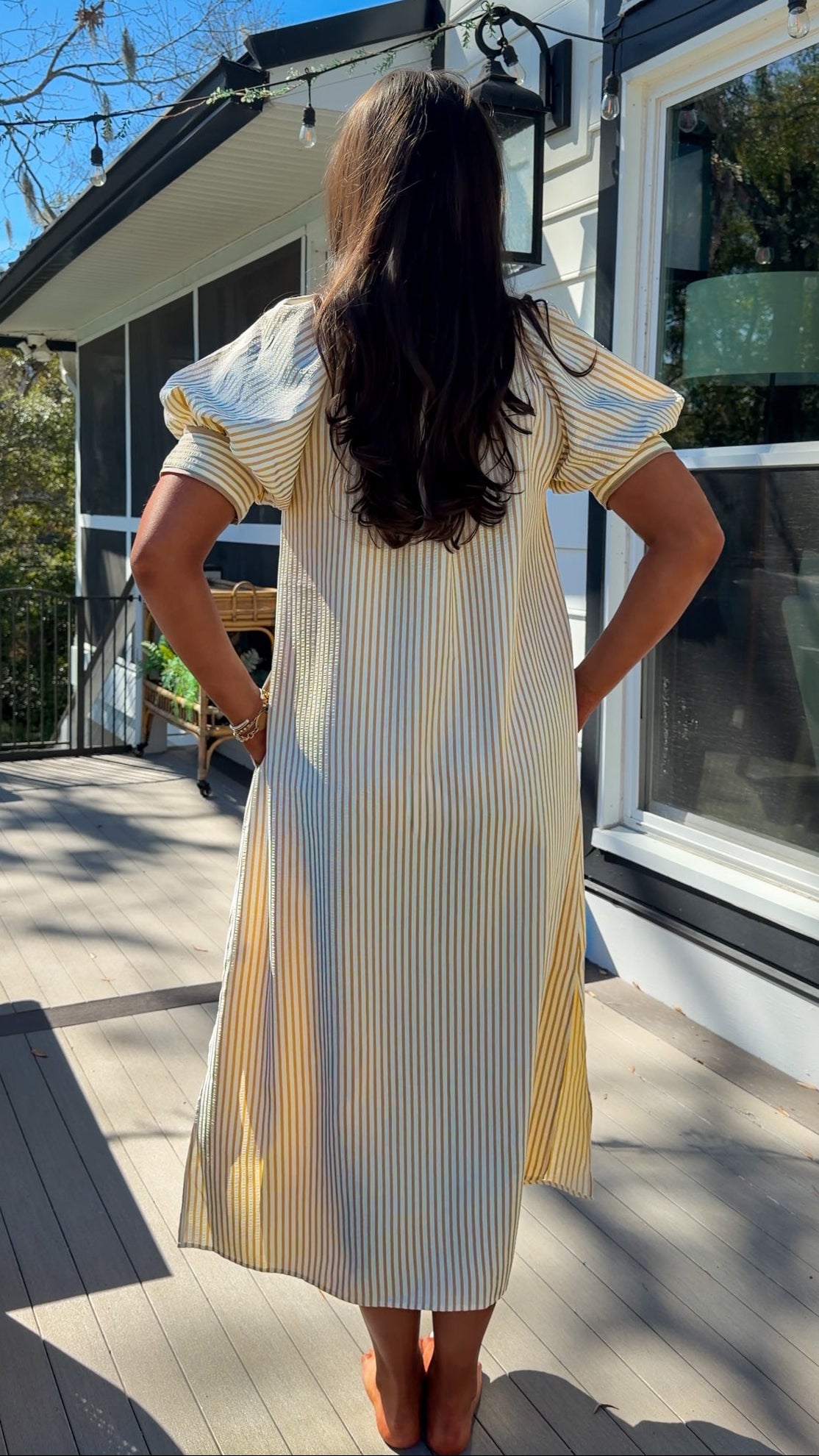 oatmeal striped midi dress with pink floral embroidery and puff sleeves