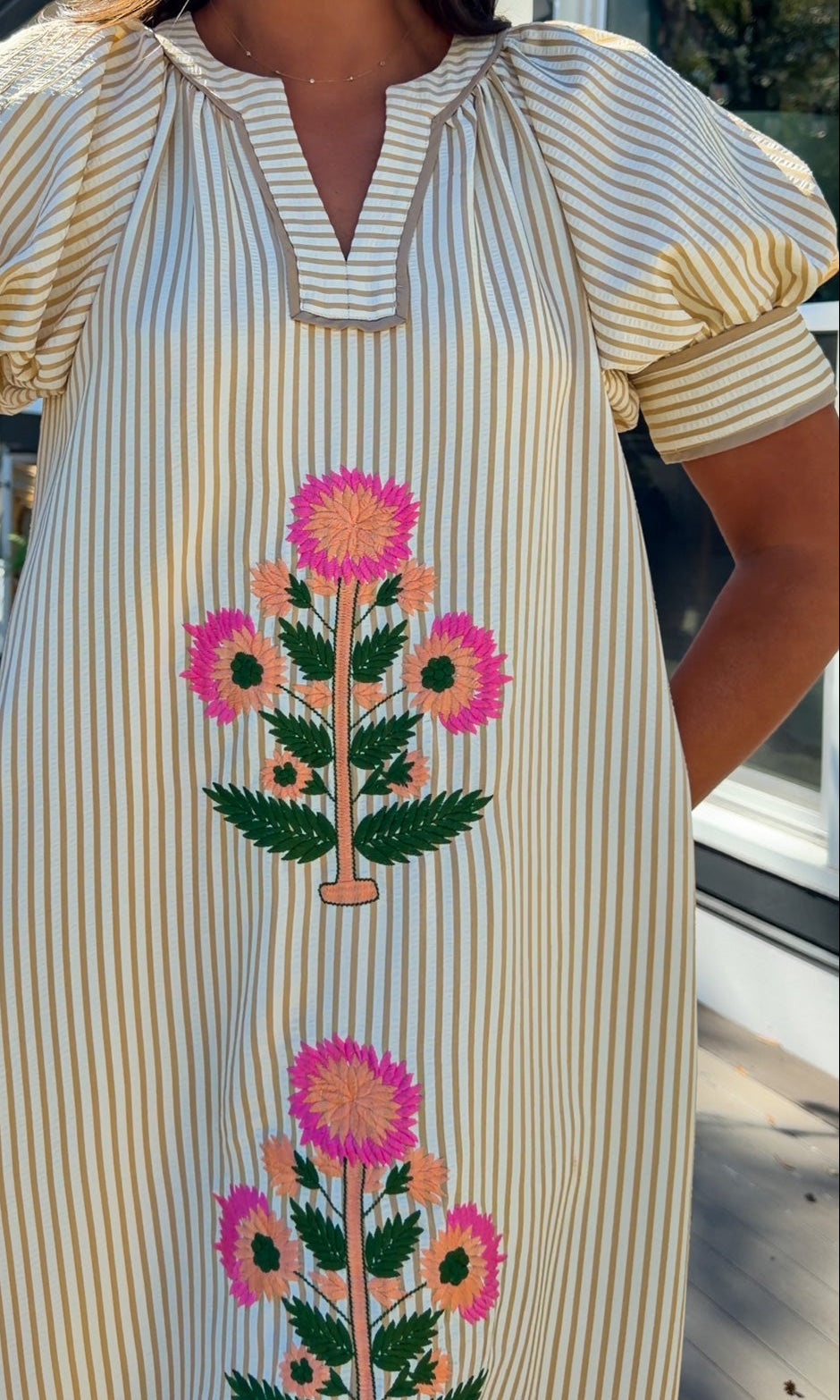 oatmeal striped midi dress with pink floral embroidery and puff sleeves