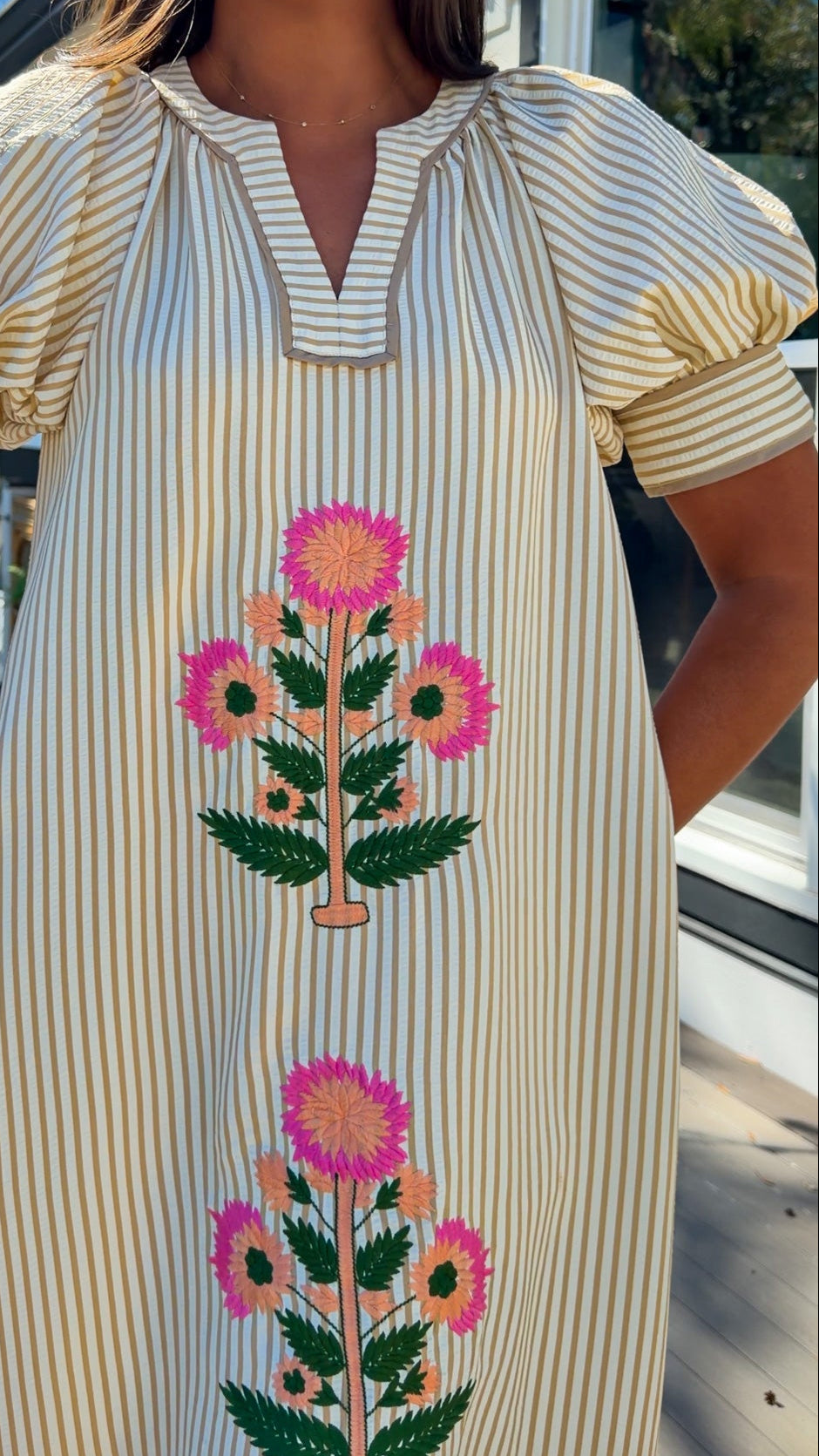 oatmeal striped midi dress with pink floral embroidery and puff sleeves