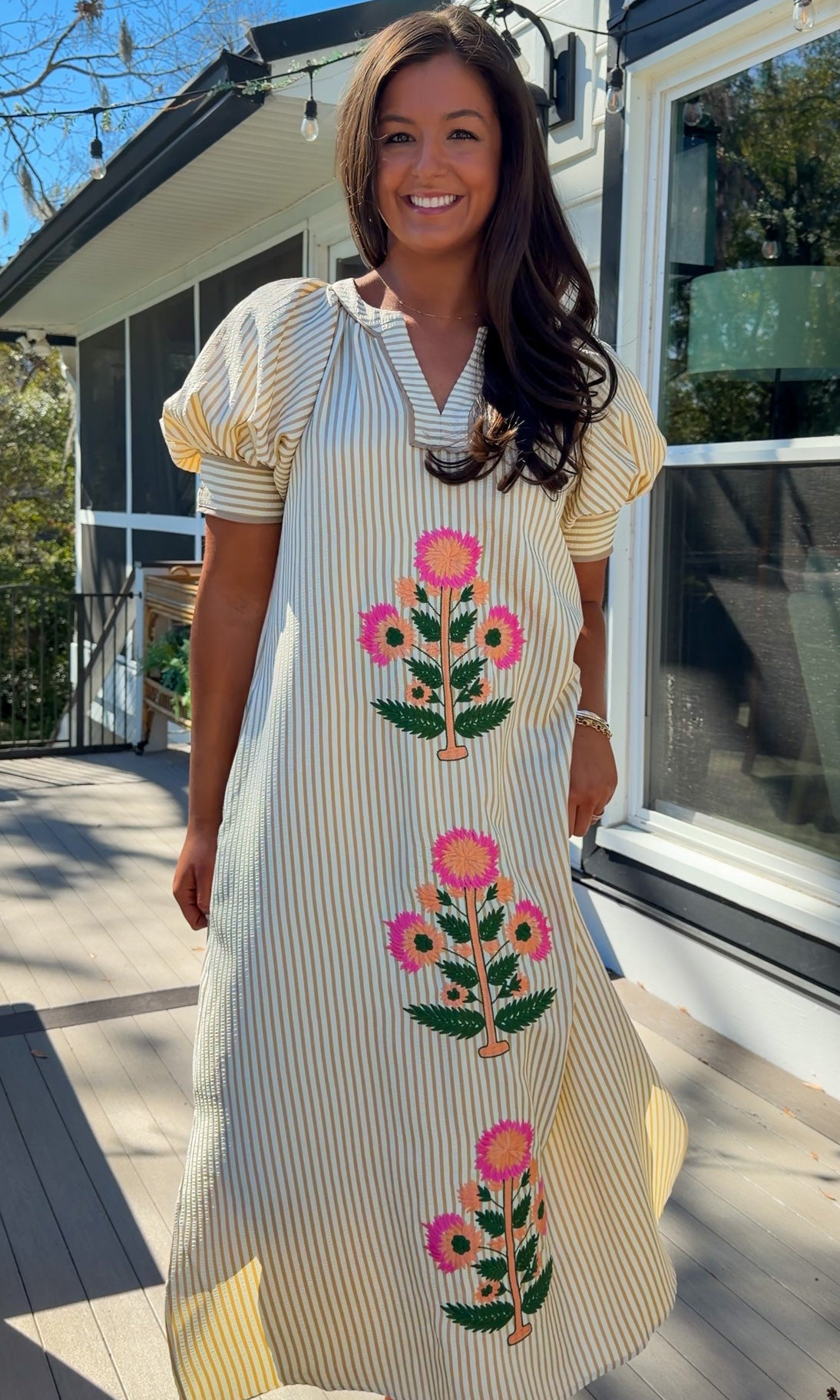 oatmeal striped midi dress with pink floral embroidery and puff sleeves