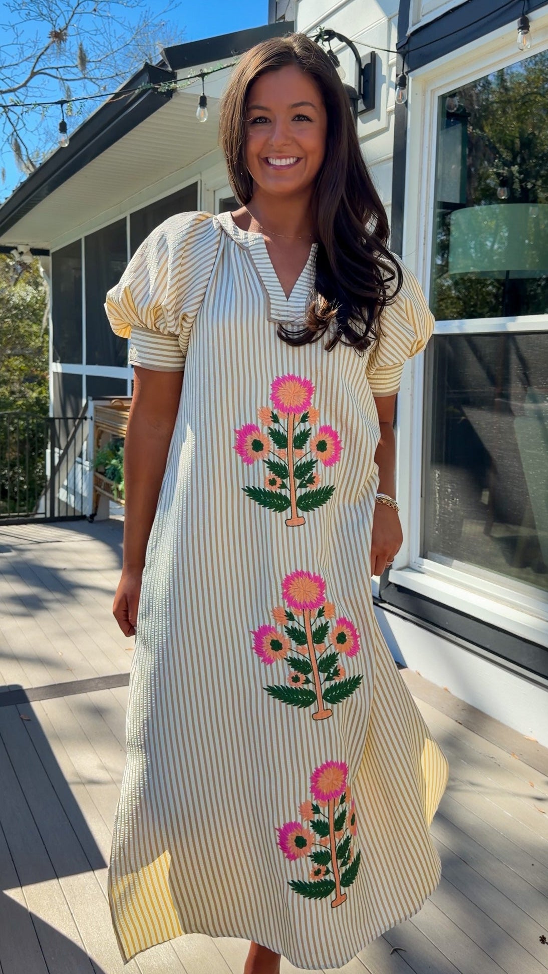 oatmeal striped midi dress with pink floral embroidery and puff sleeves
