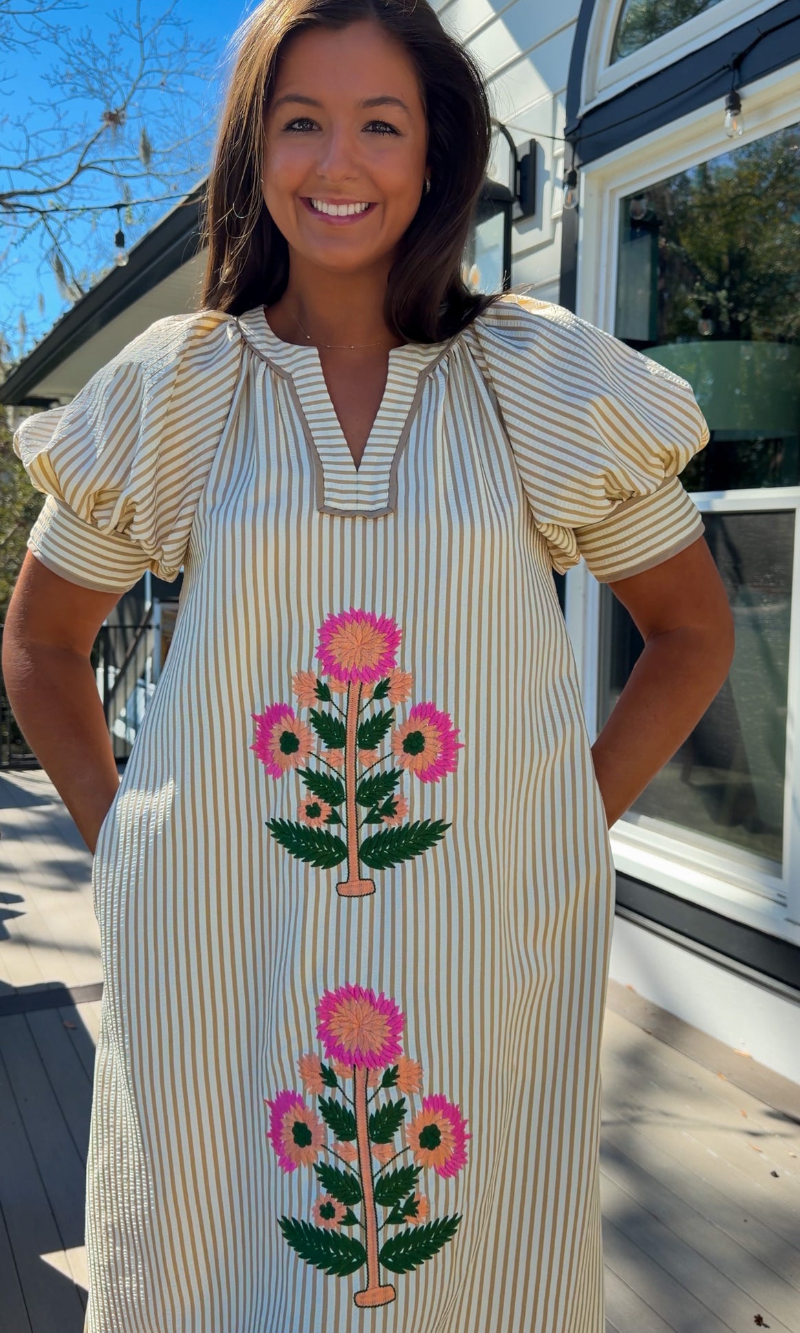 oatmeal striped midi dress with pink floral embroidery and puff sleeves
