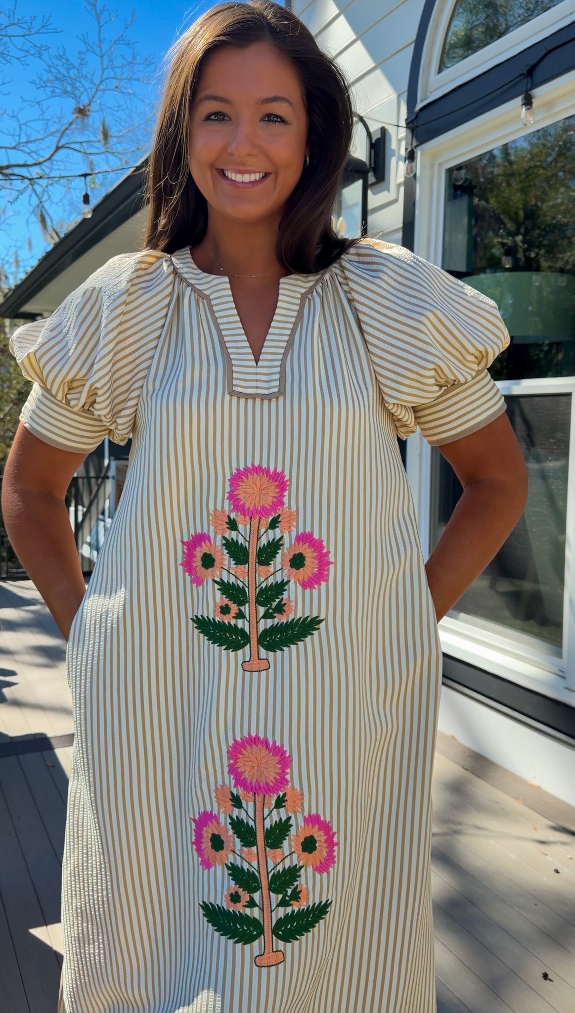 oatmeal striped midi dress with pink floral embroidery and puff sleeves
