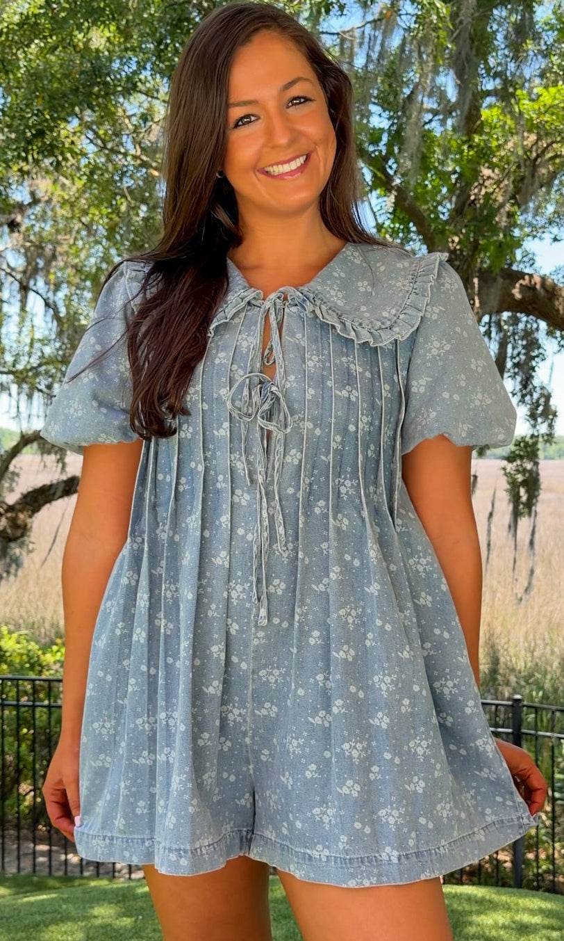 denim floral romper women's