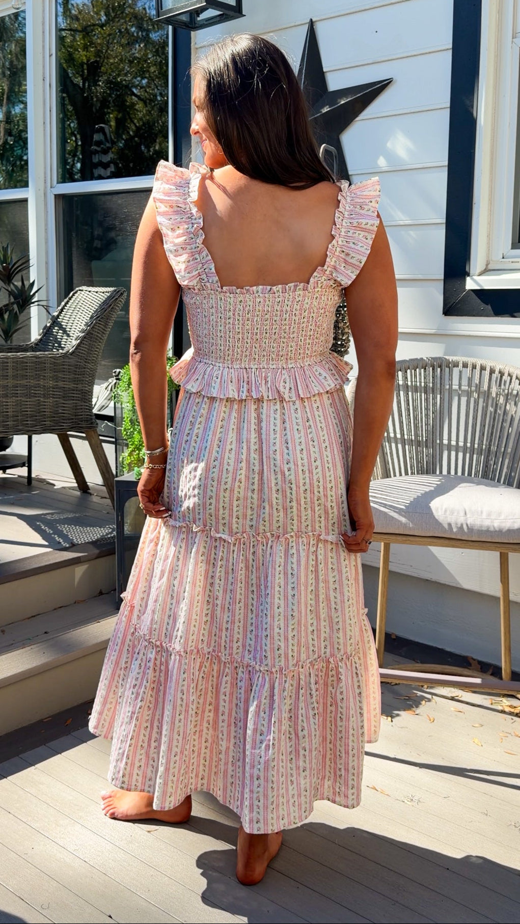 pink floral tiered maxi dress with smocked bodice and ruffle straps