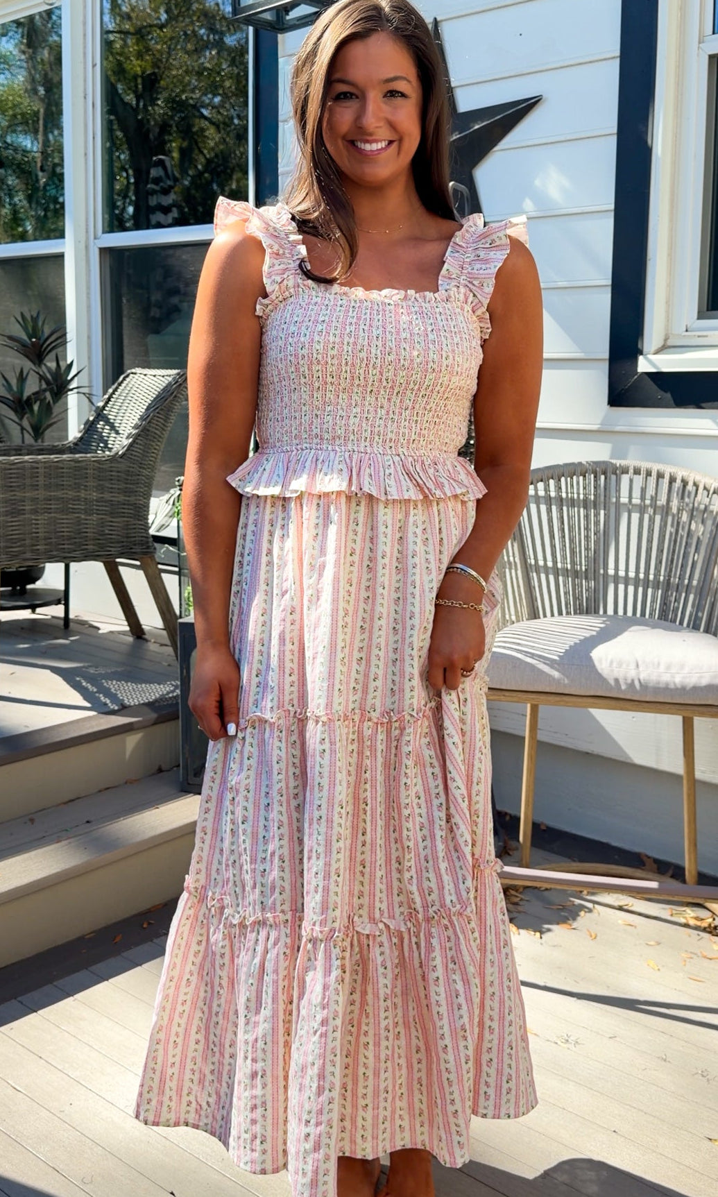 pink floral tiered maxi dress with smocked bodice and ruffle straps