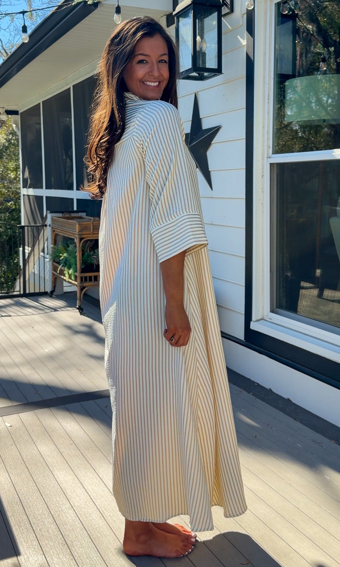 sand striped oversized shirt midi dress with collar and button front