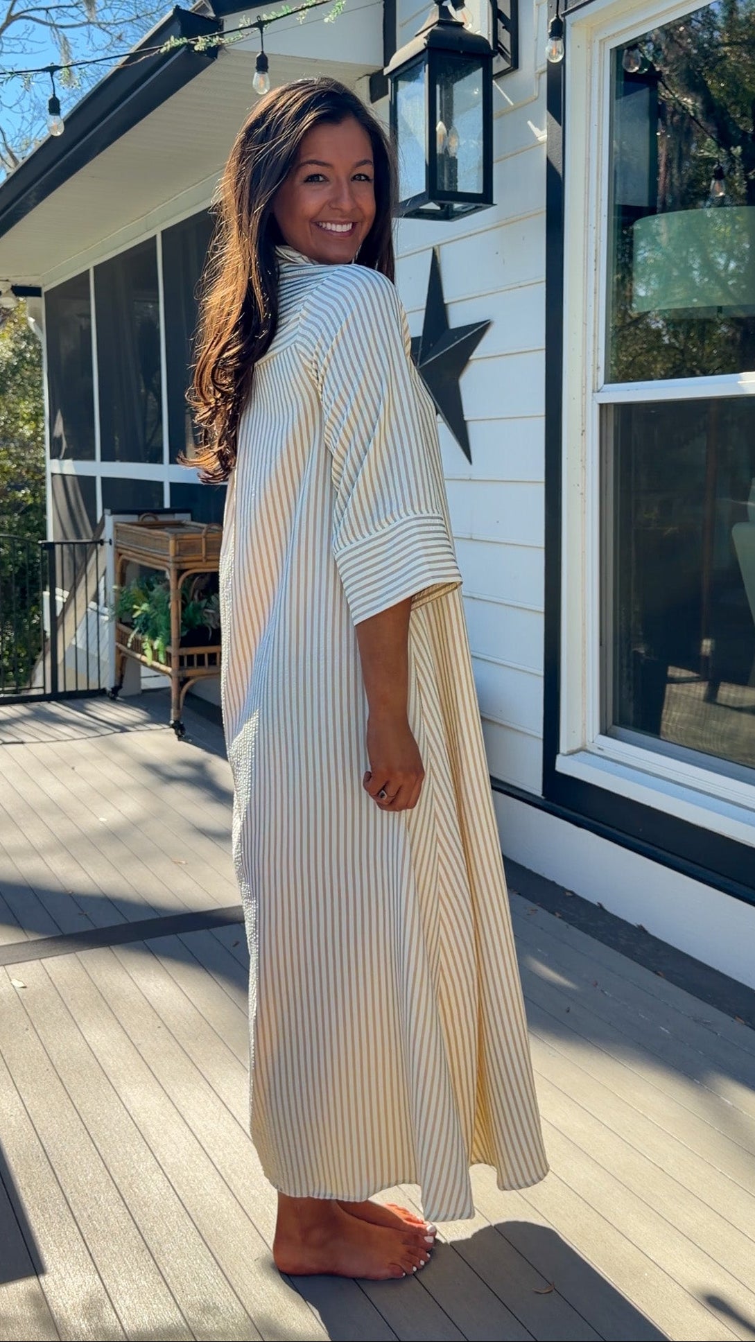 sand striped oversized shirt midi dress with collar and button front