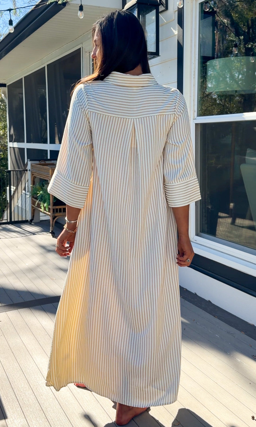 sand striped oversized shirt midi dress with collar and button front