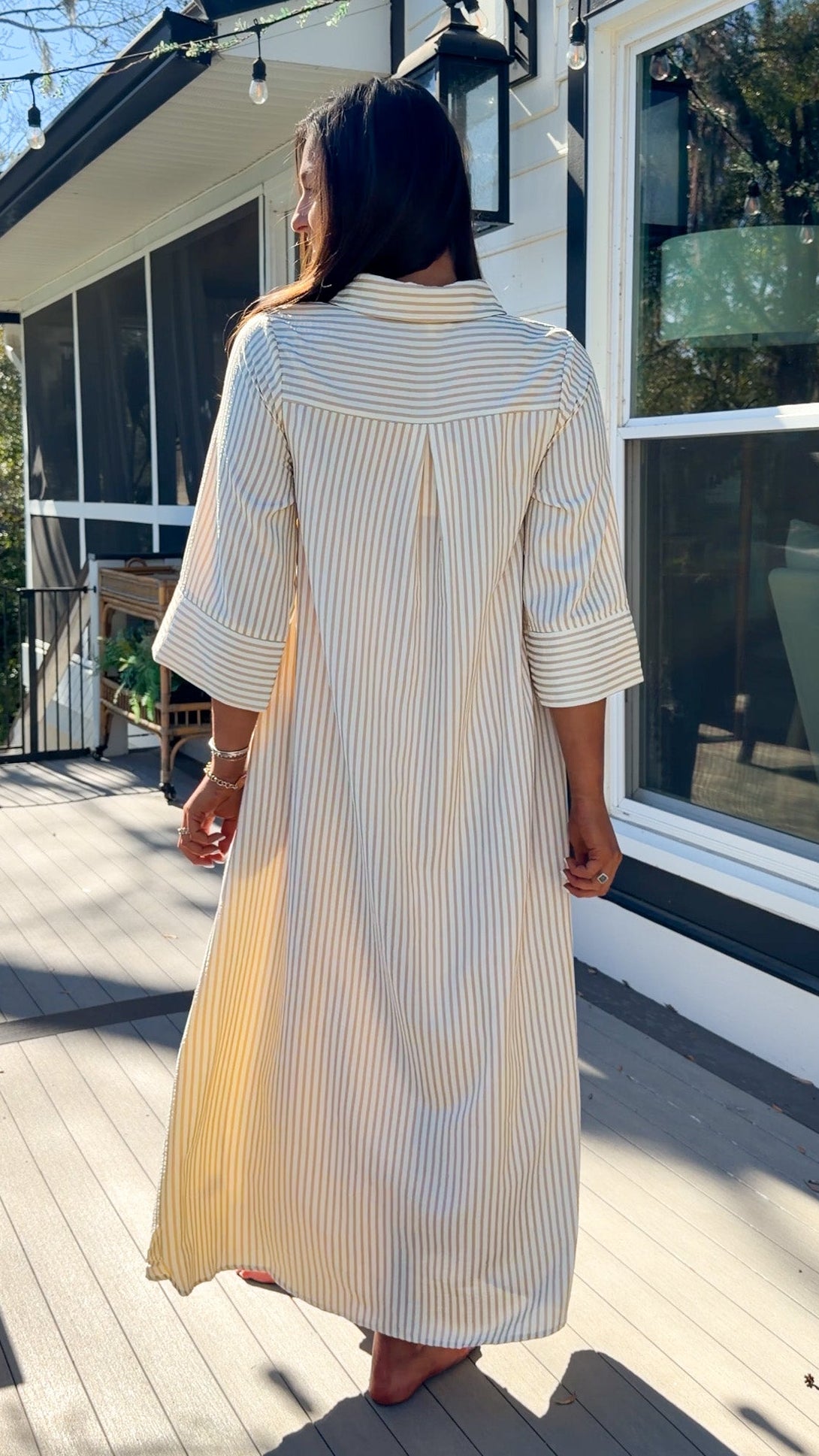 sand striped oversized shirt midi dress with collar and button front