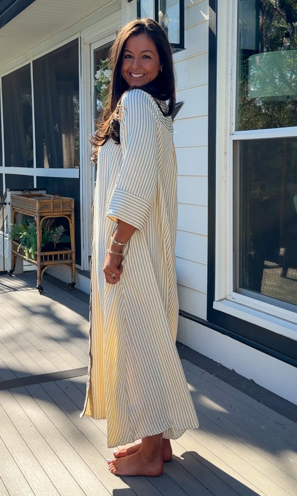 sand striped oversized shirt midi dress with collar and button front