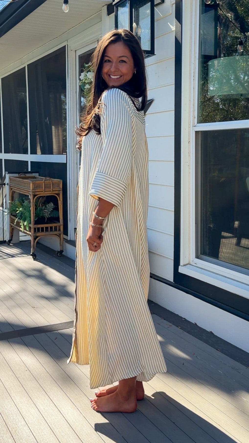 sand striped oversized shirt midi dress with collar and button front