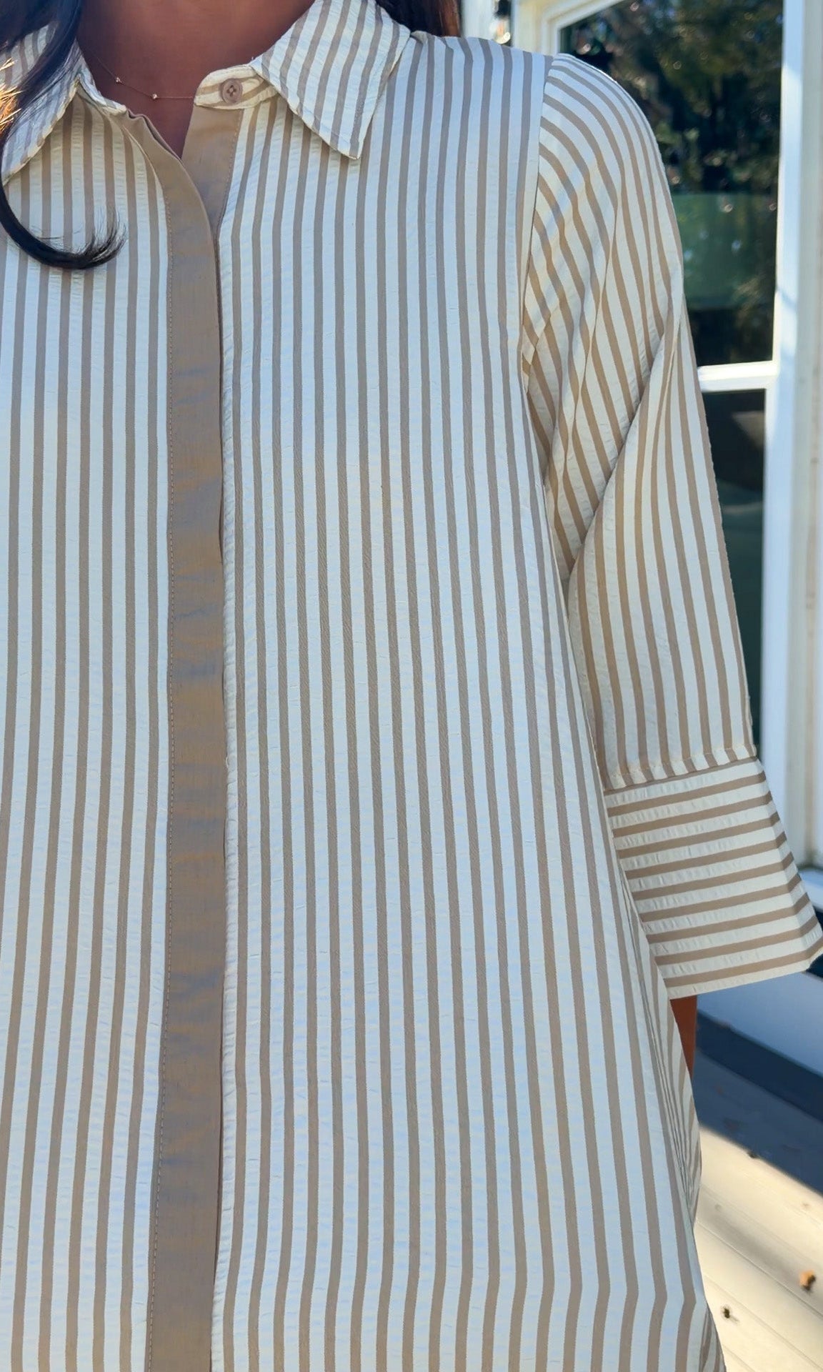 sand striped oversized shirt midi dress with collar and button front