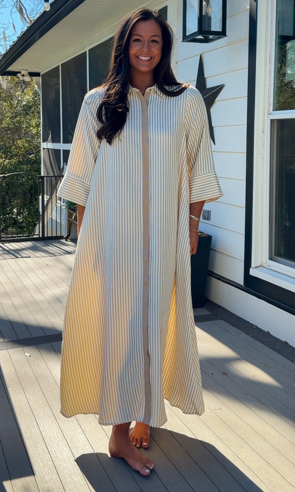 sand striped oversized shirt midi dress with collar and button front