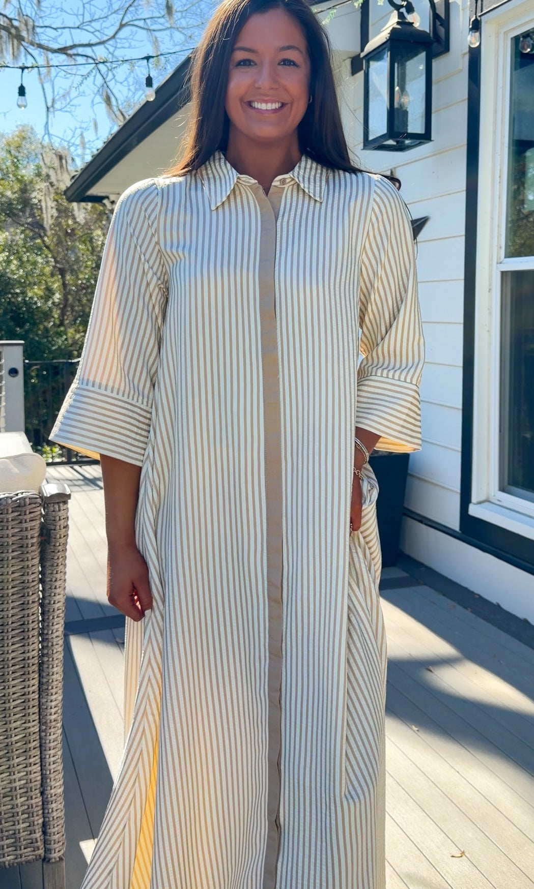 sand striped oversized shirt midi dress with collar and button front