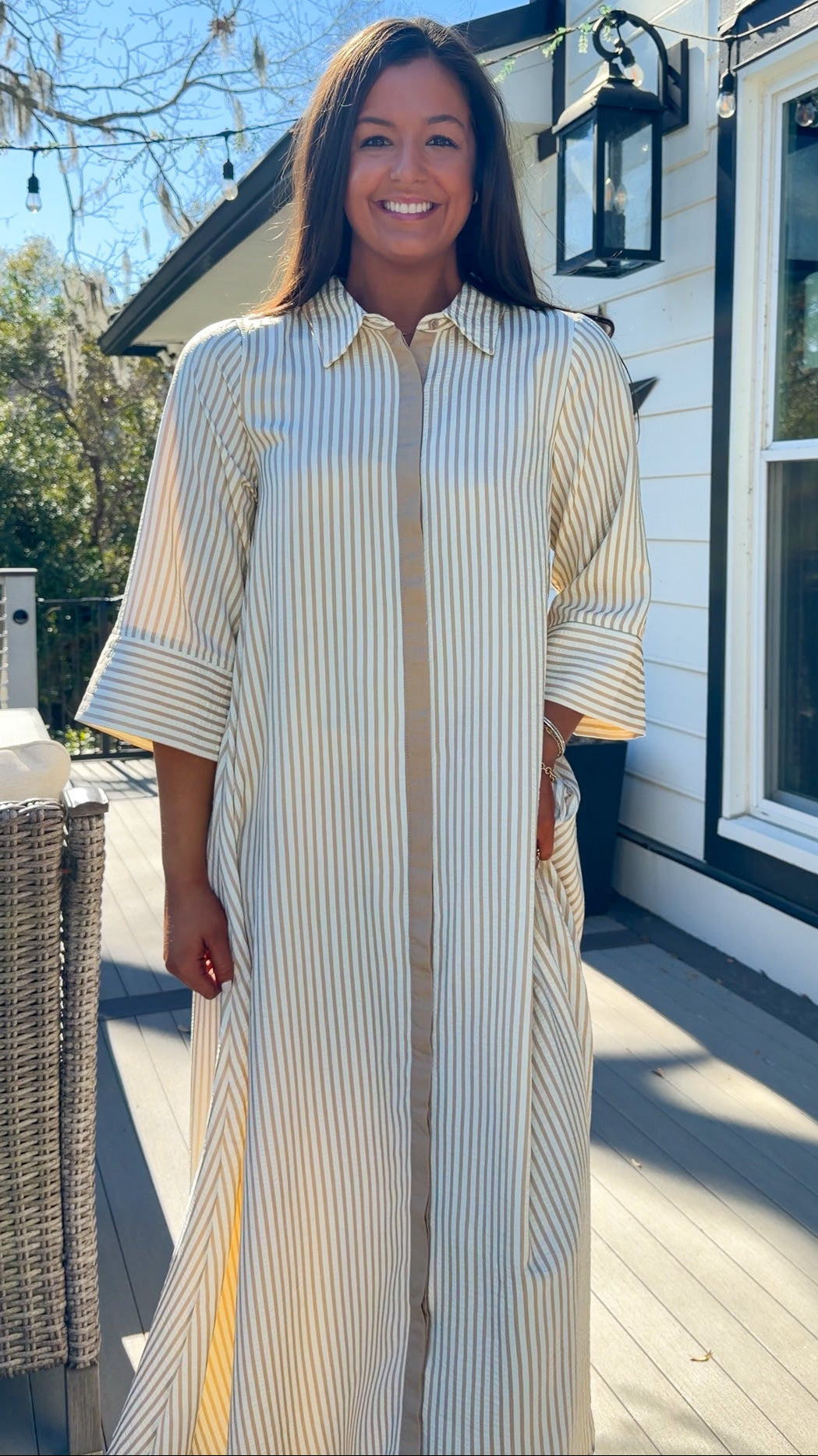 sand striped oversized shirt midi dress with collar and button front