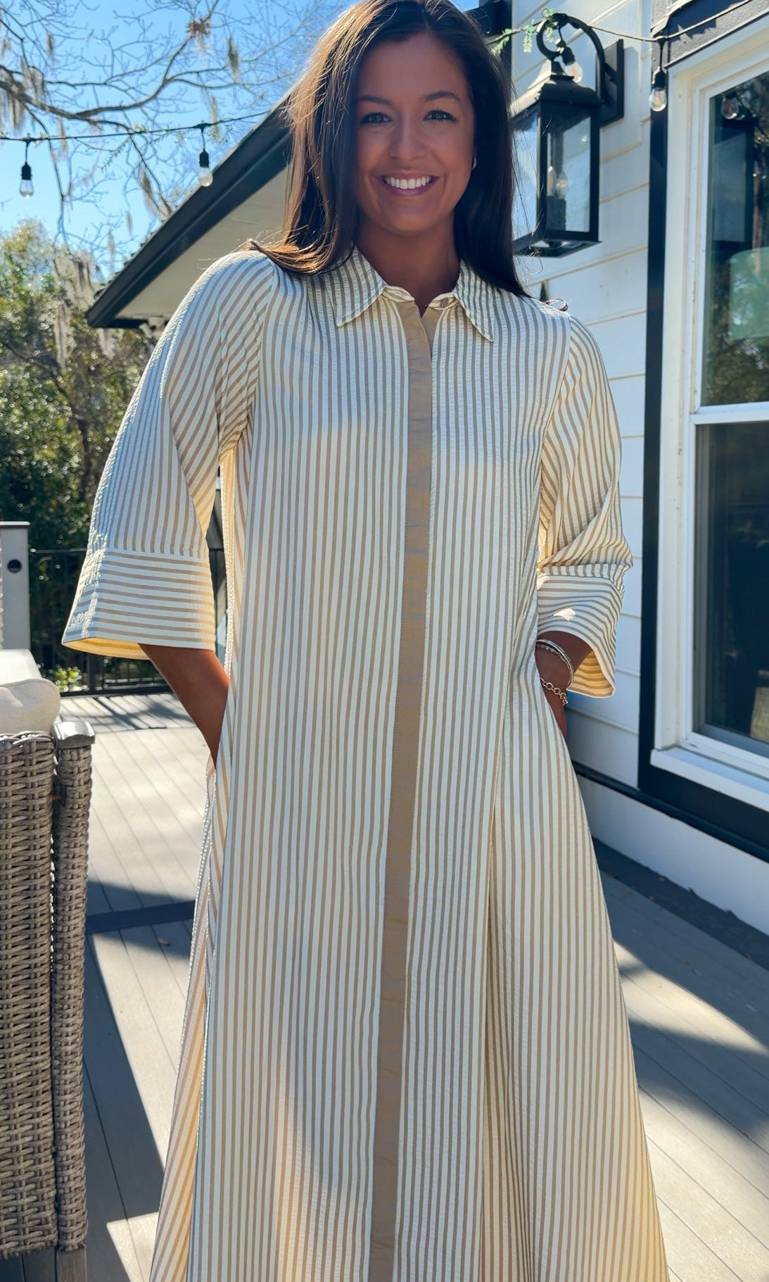 sand striped oversized shirt midi dress with collar and button front