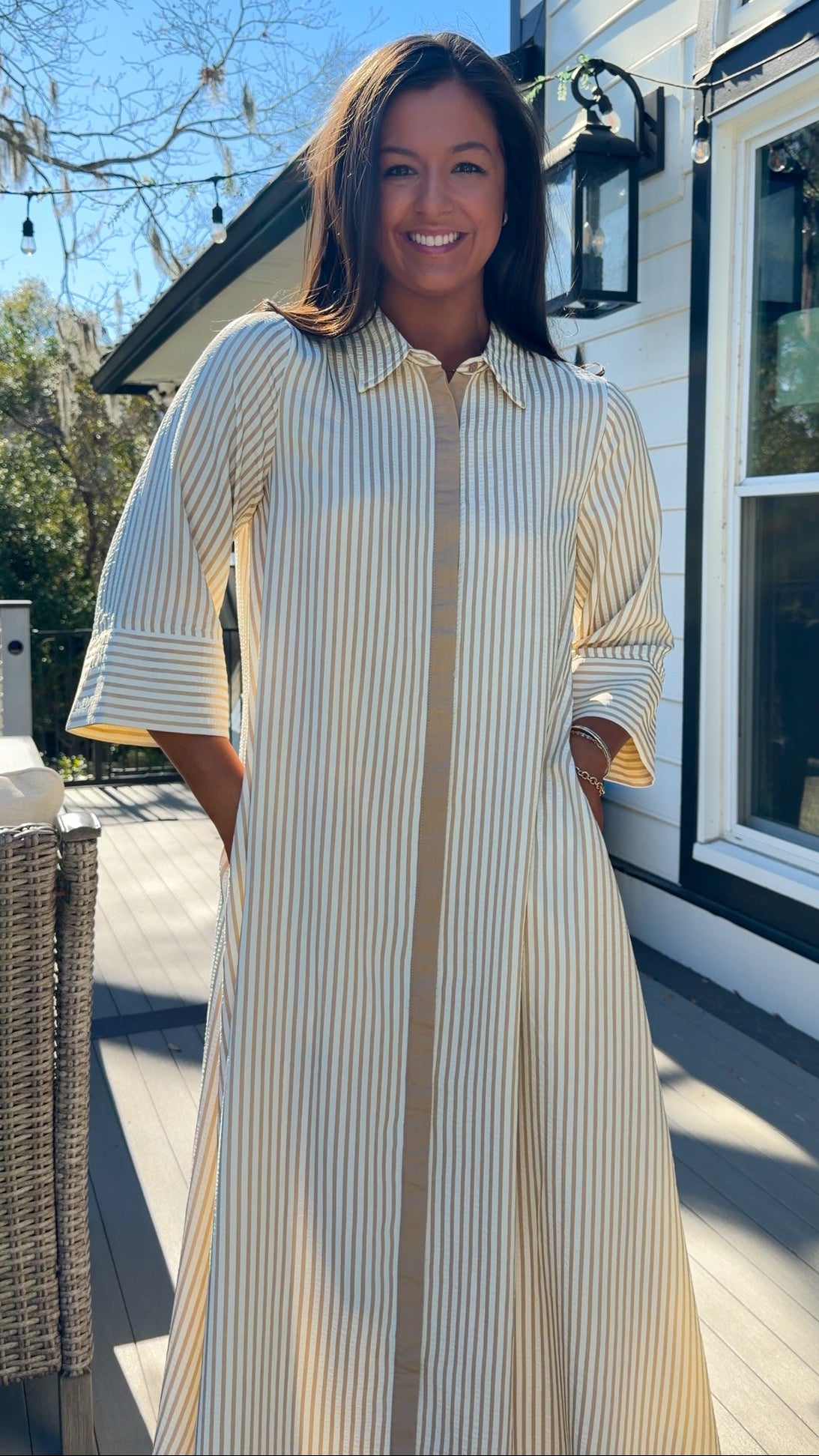 sand striped oversized shirt midi dress with collar and button front