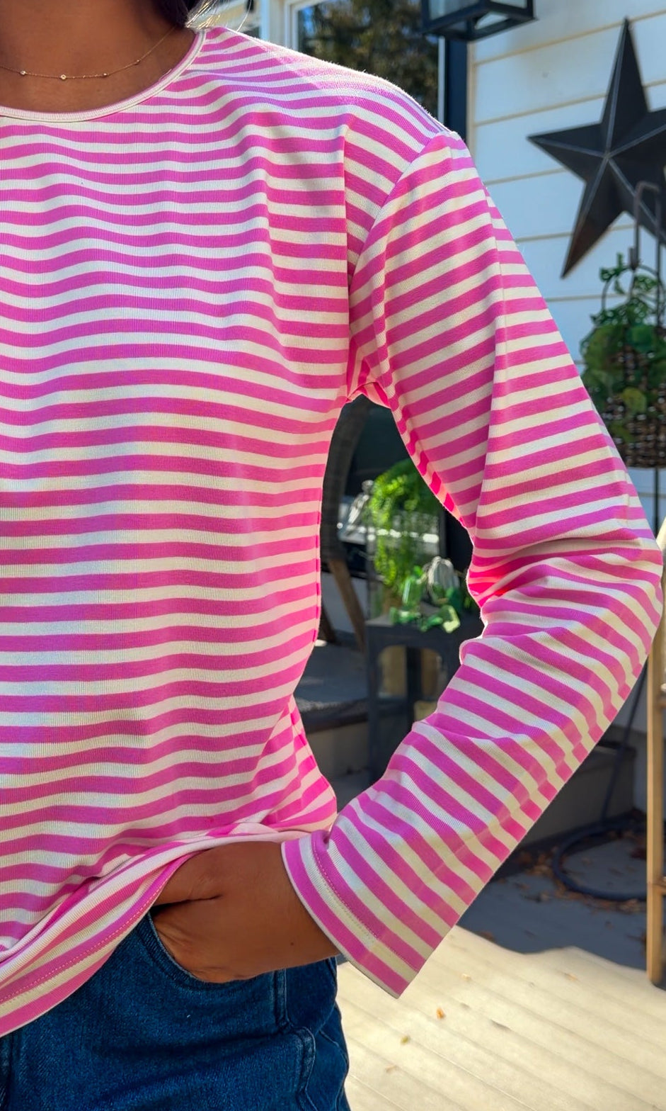 pink and white striped long sleeve knit top with relaxed fit