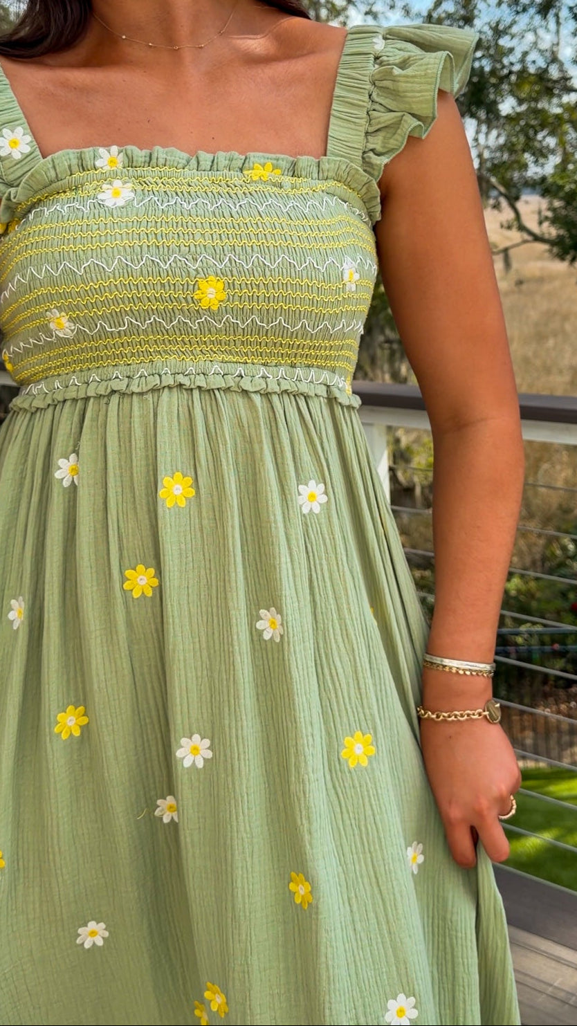 sage green floral embroidered smocked midi dress with ruffle straps and tiered skirt