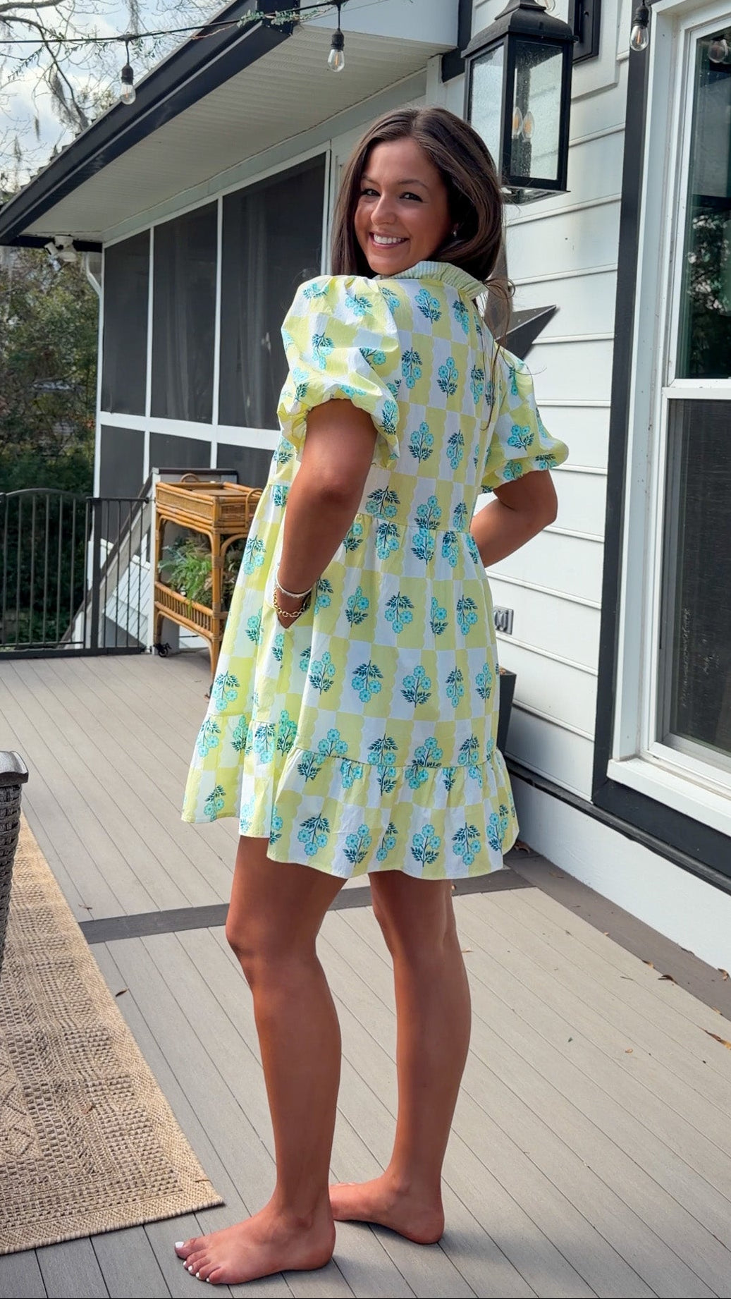 yellow checker floral bubble sleeve tiered mini dress with ruffle front detail