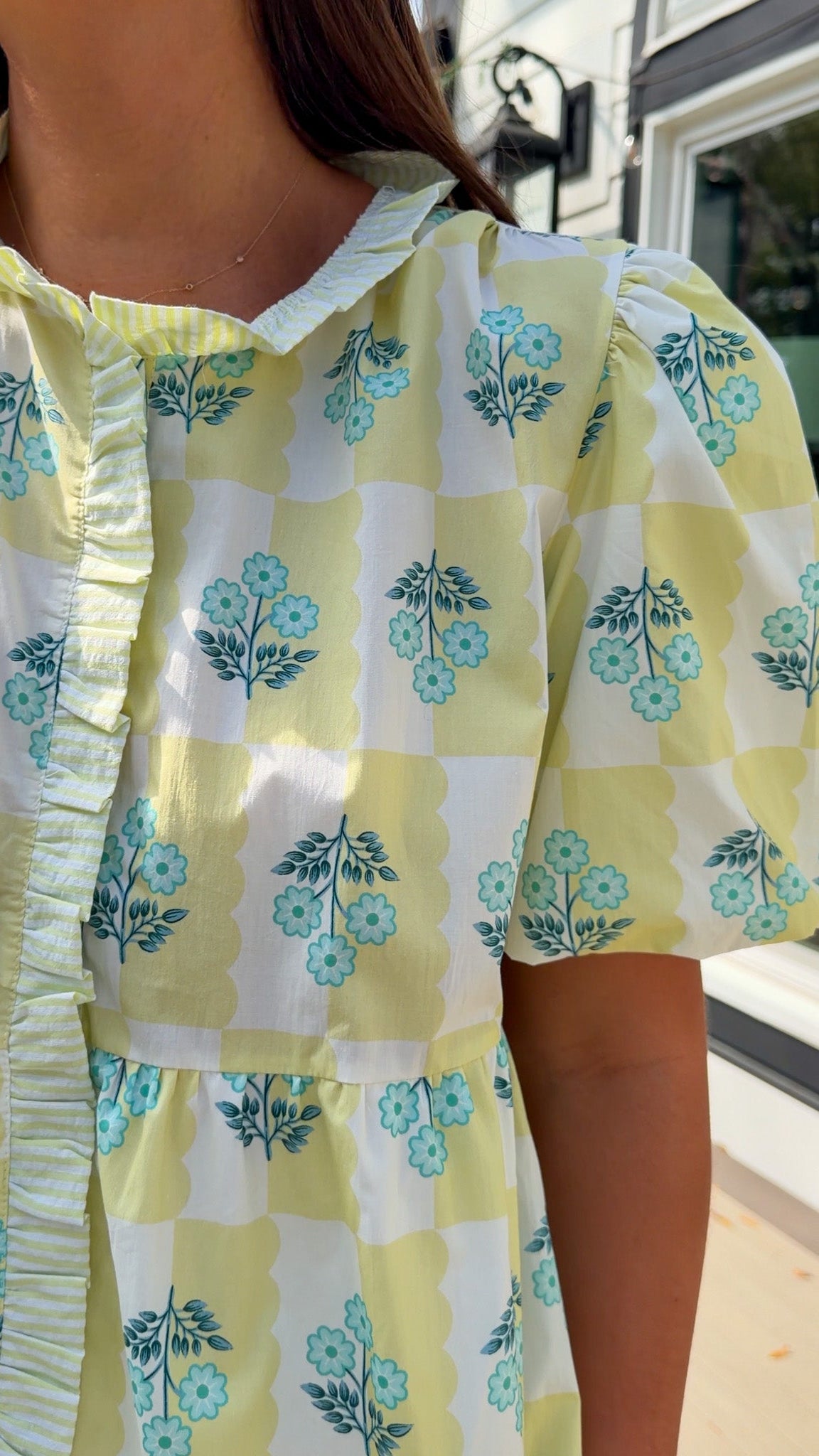 yellow checker floral bubble sleeve tiered mini dress with ruffle front detail