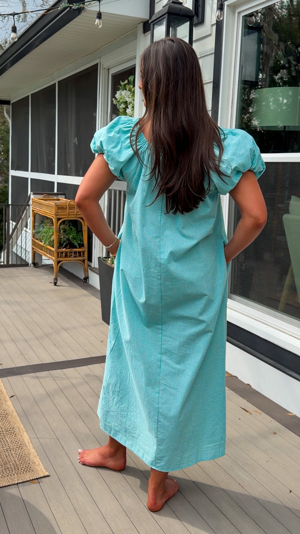 Seafoam gingham puff sleeve midi dress with square neckline and pockets