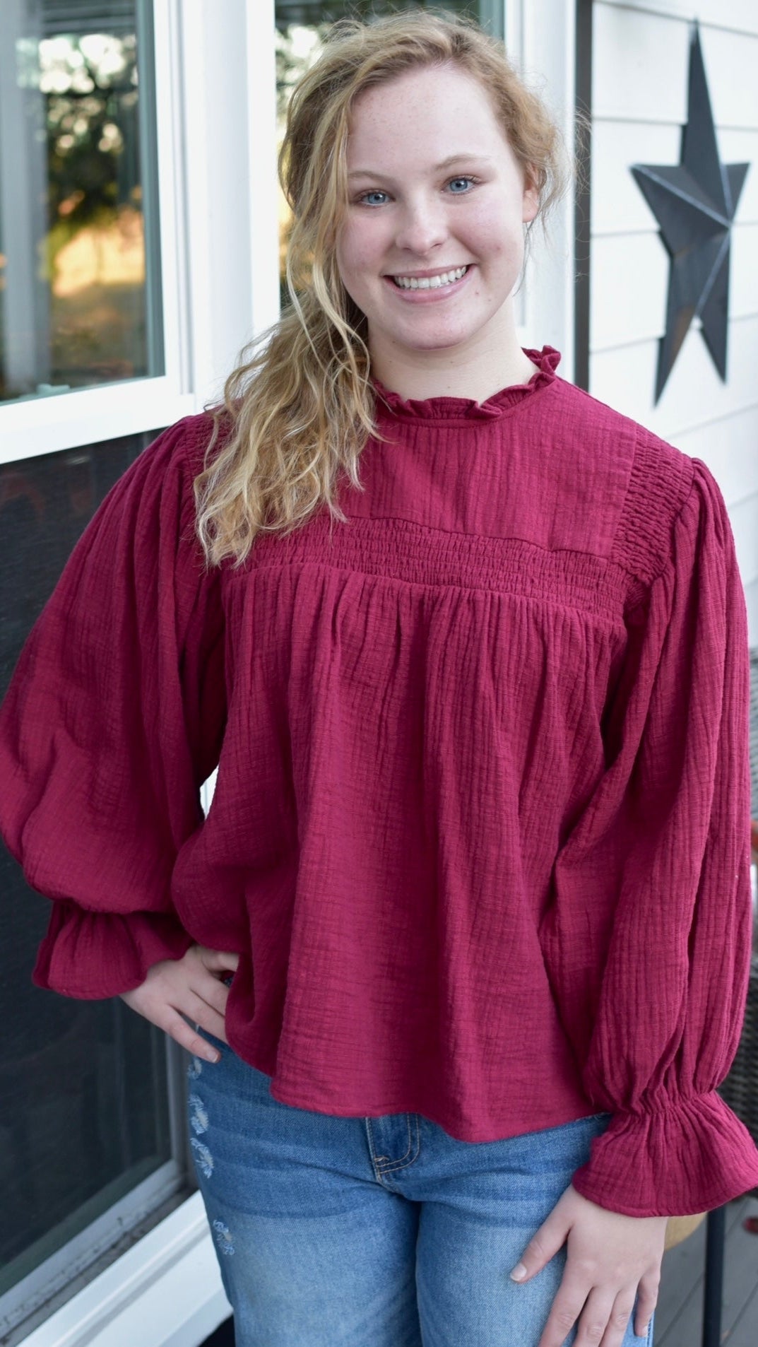 burgundy top with long sleeves