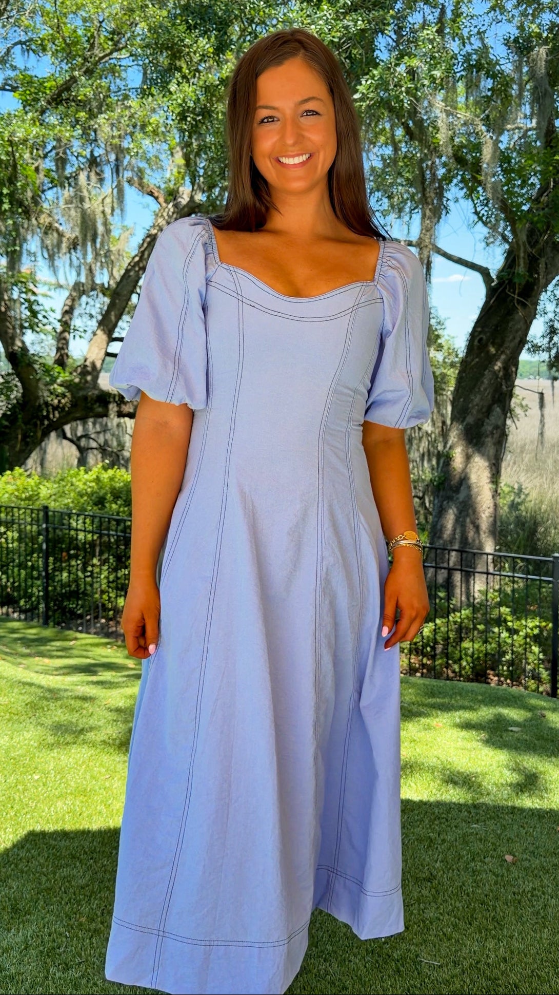 light blue dress puff sleeves Annalise Sleeve Square Neck Midi flapper custume Tainted Love Lace Trim Size:66