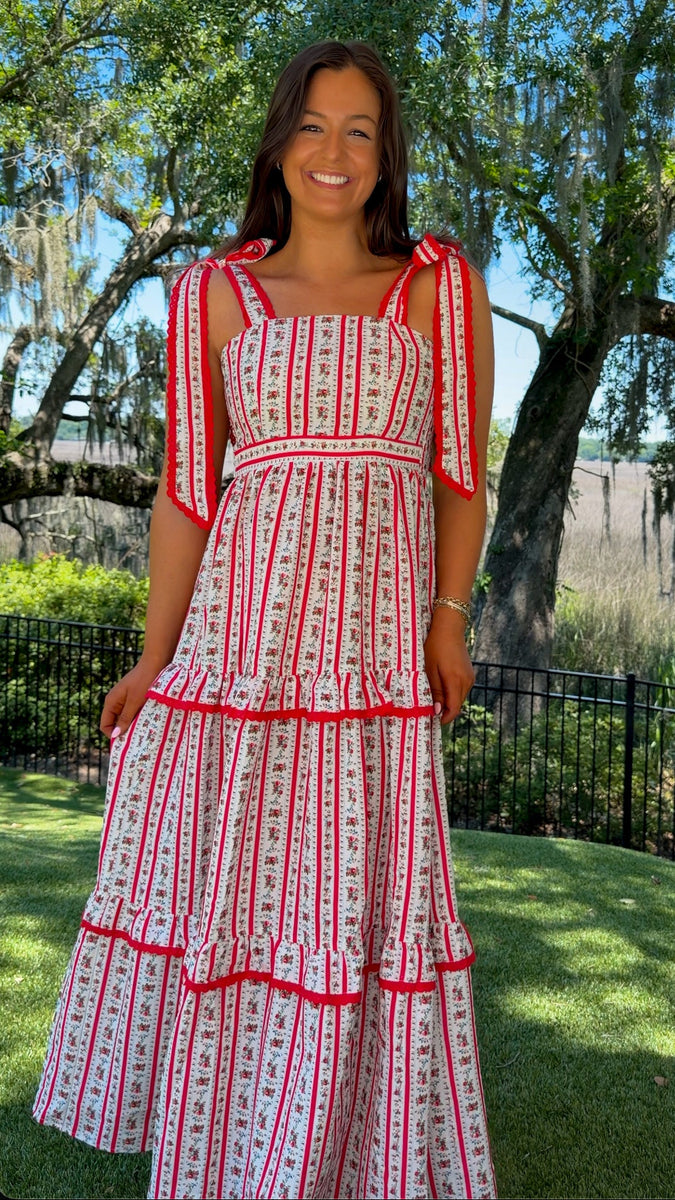 Scarlett Red Stripe Floral Tiered Maxi Dress
