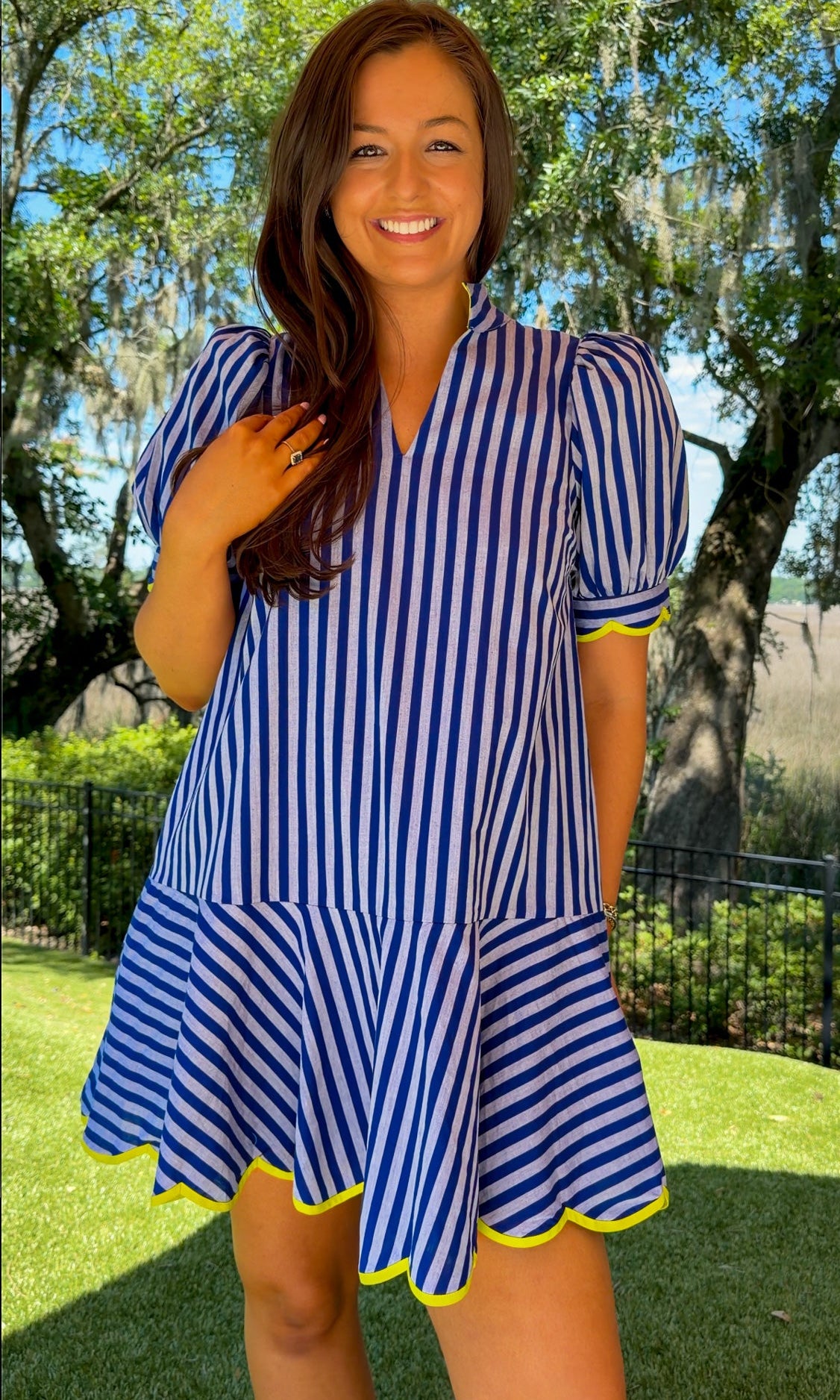 blue striped mini collared dress with puff sleeves and lime scallop trim