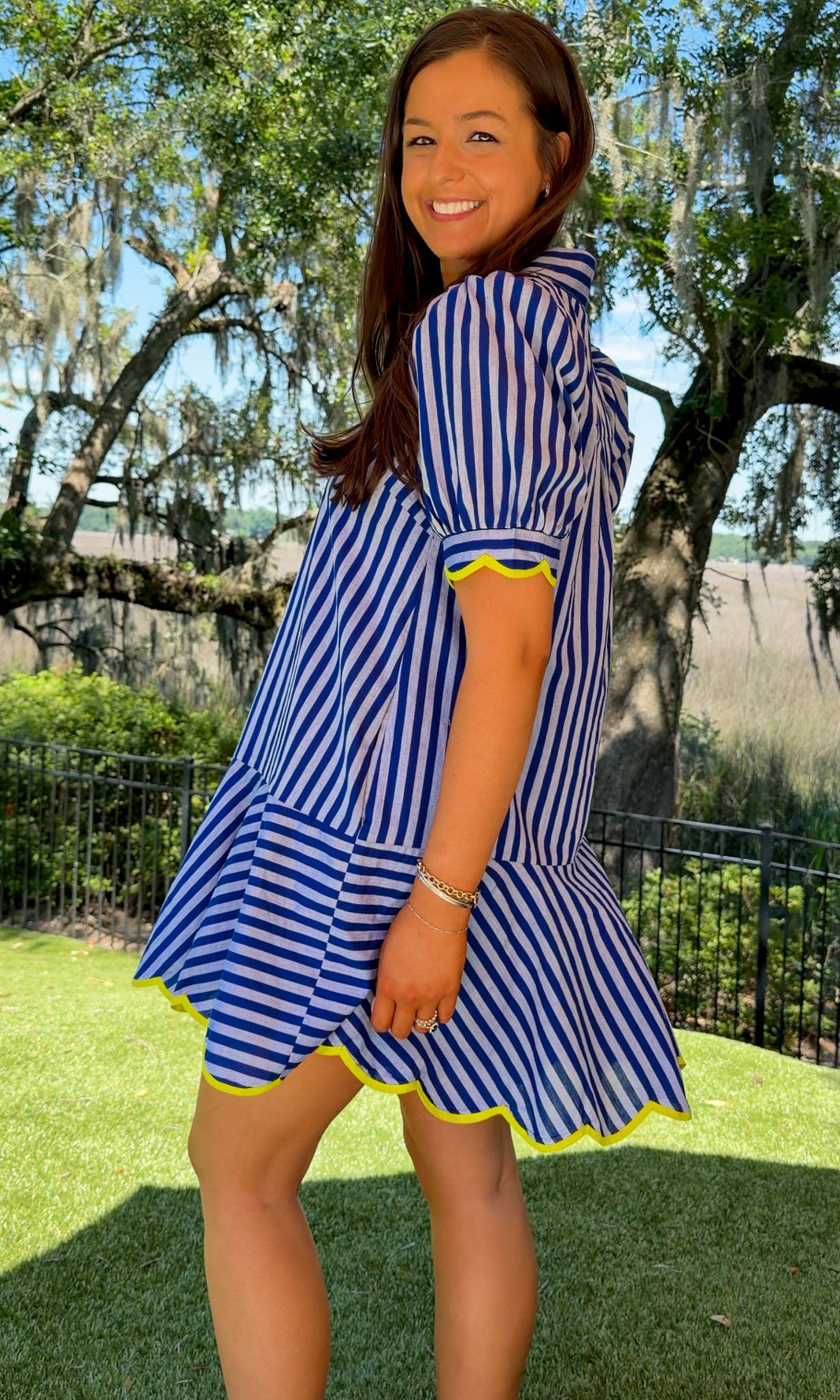 blue striped mini collared dress with puff sleeves and lime scallop trim